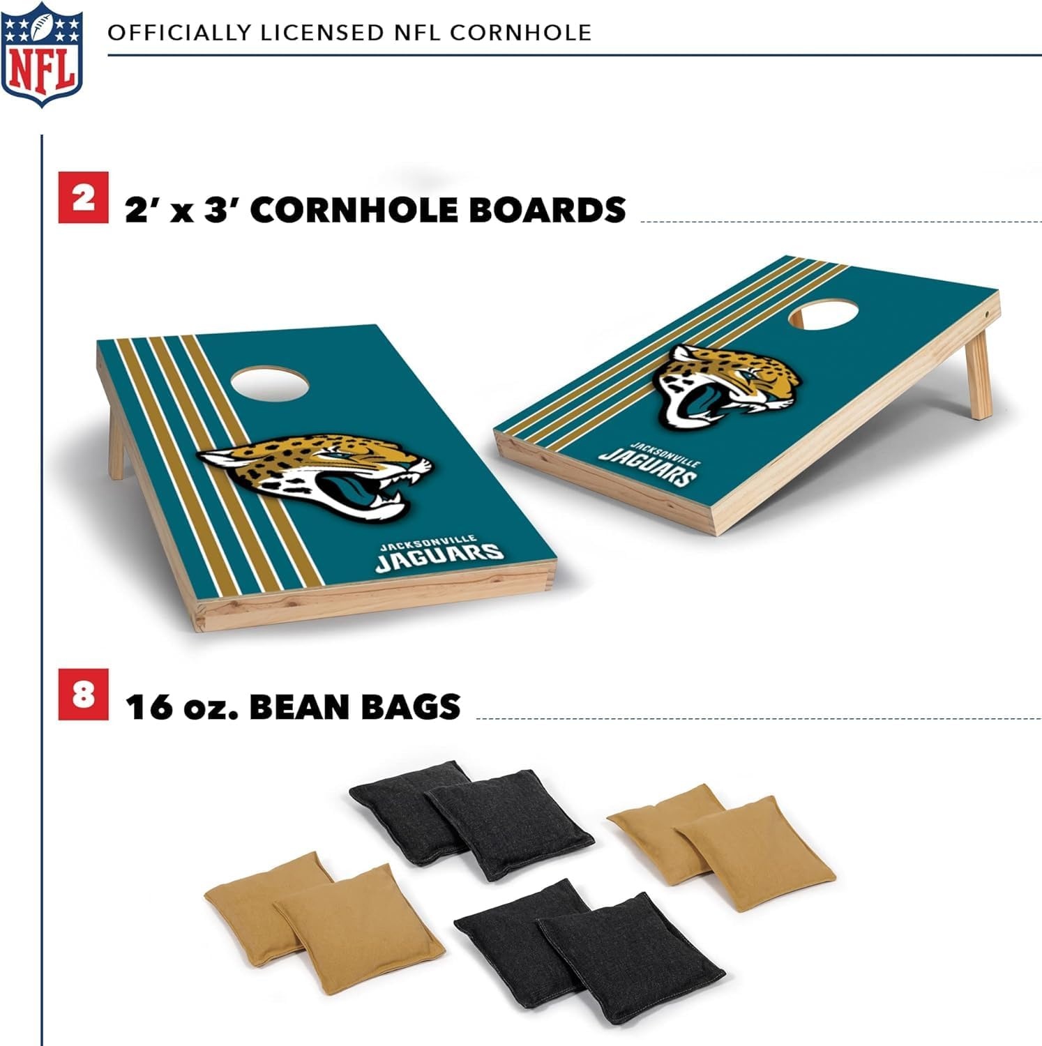 NFL 2′ x 3′ Solid Wood Cornhole Set with Direct Print HD Team Graphics – Great Gift for Any Football Fan  Bean Bag Toss Family Outdoor Games(Jacksonville Jaguars)