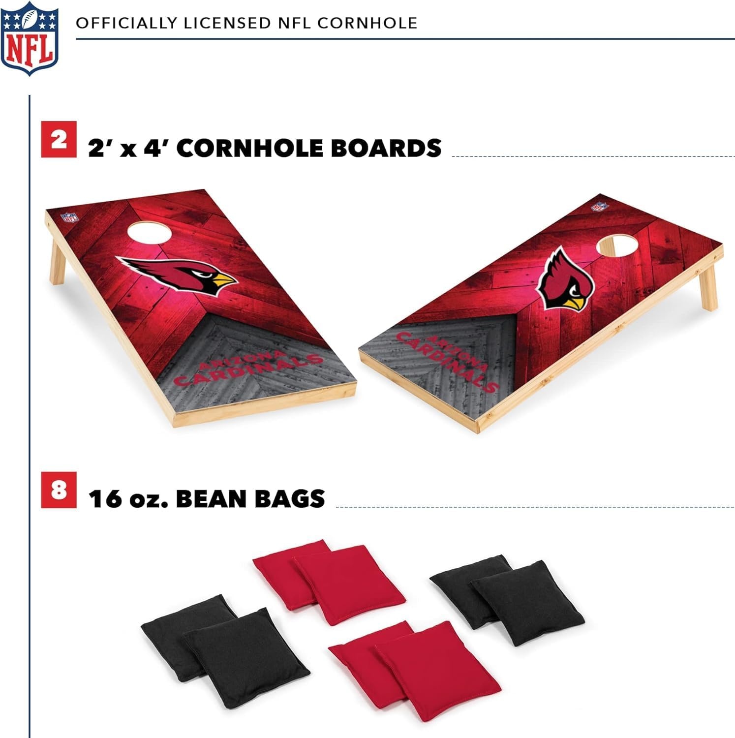 NFL Football 2′ x 4′ Regulation Size Solid Wood Cornhole Set with Direct Print HD Team Graphics Great Gift for Any Football Fan  Bean Bag Toss Family Outdoor Game(Arizona Cardinals)