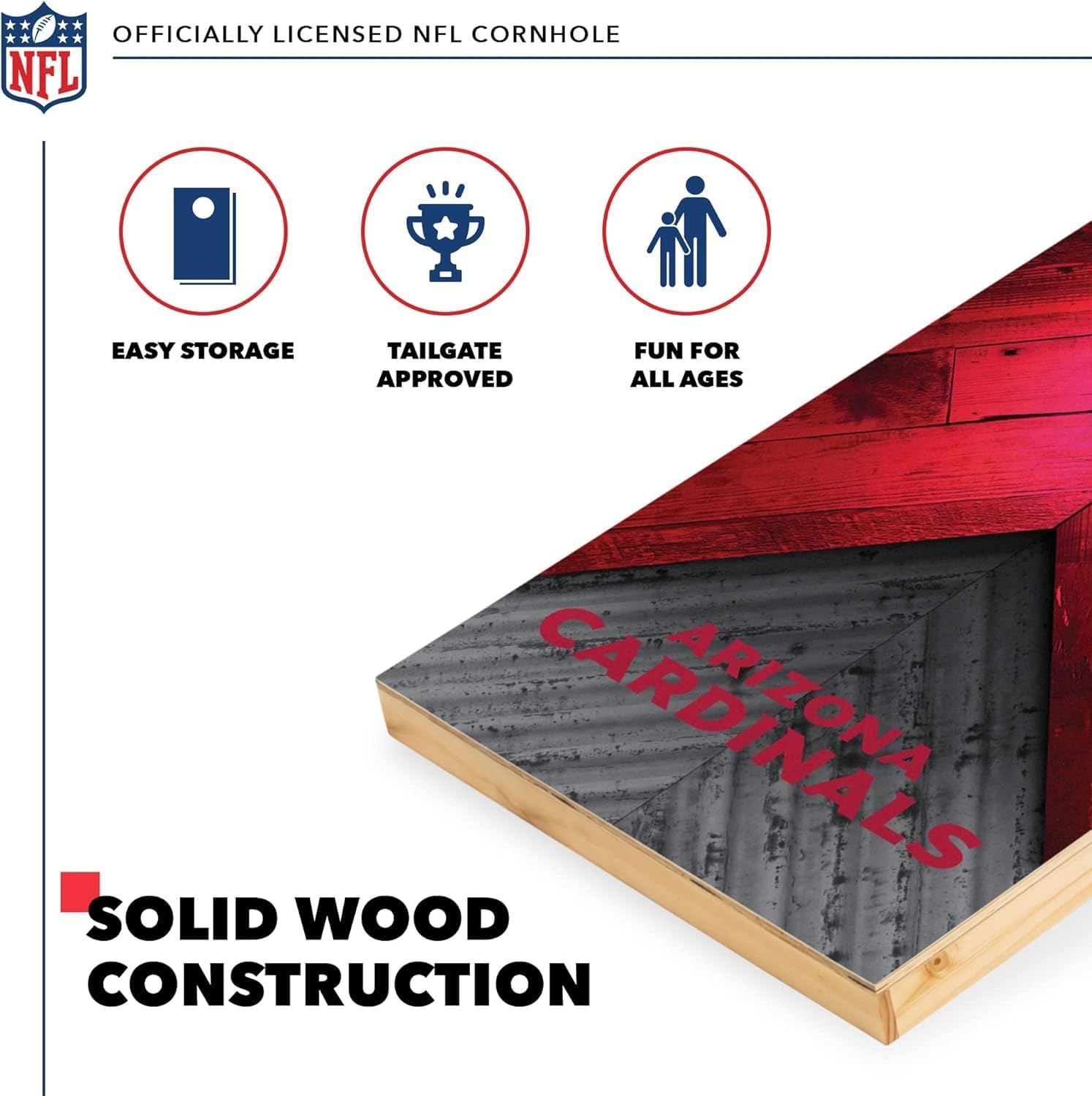 NFL Football 2′ x 4′ Regulation Size Solid Wood Cornhole Set with Direct Print HD Team Graphics Great Gift for Any Football Fan  Bean Bag Toss Family Outdoor Game(Arizona Cardinals)