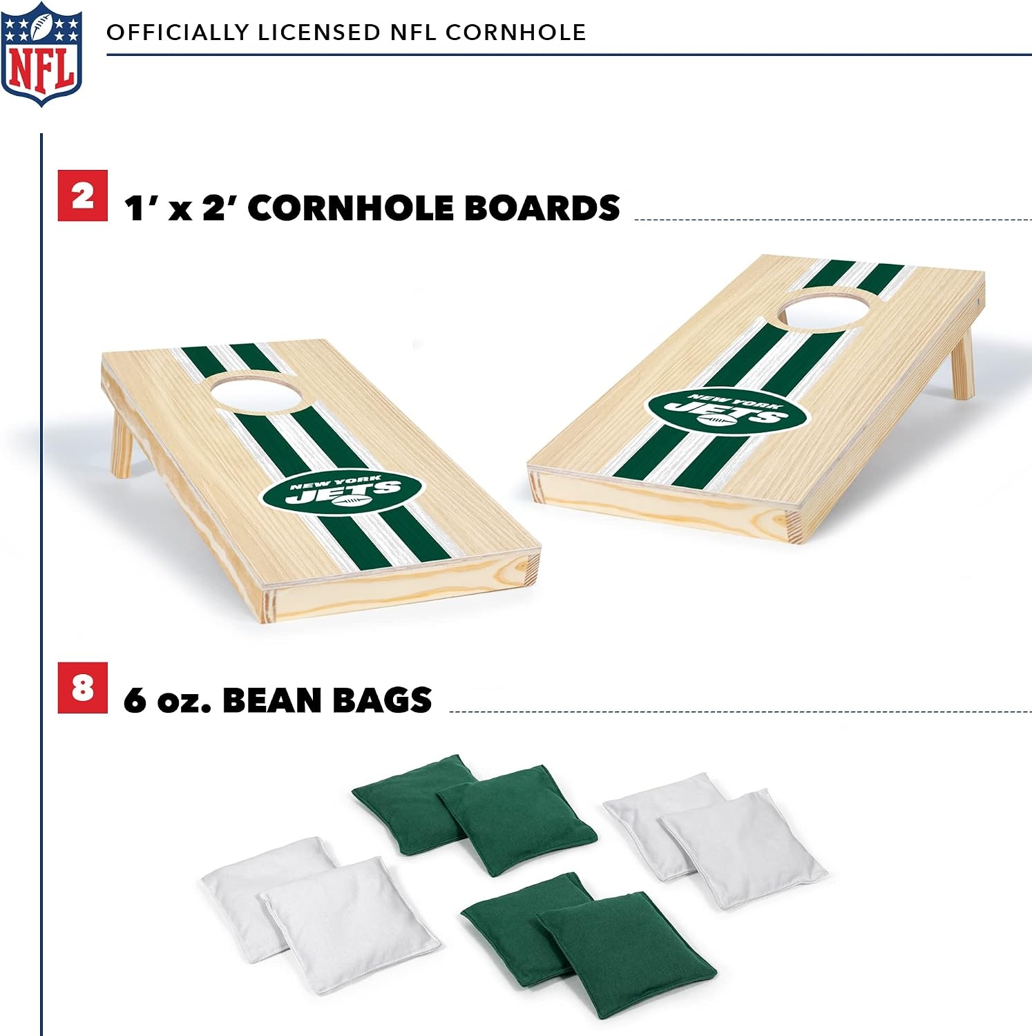 NFL Football Portable Size 1′ x 2′ Solid Wood Cornhole Set with Direct Print HD Team Graphics – Travel Size(New York Jets)