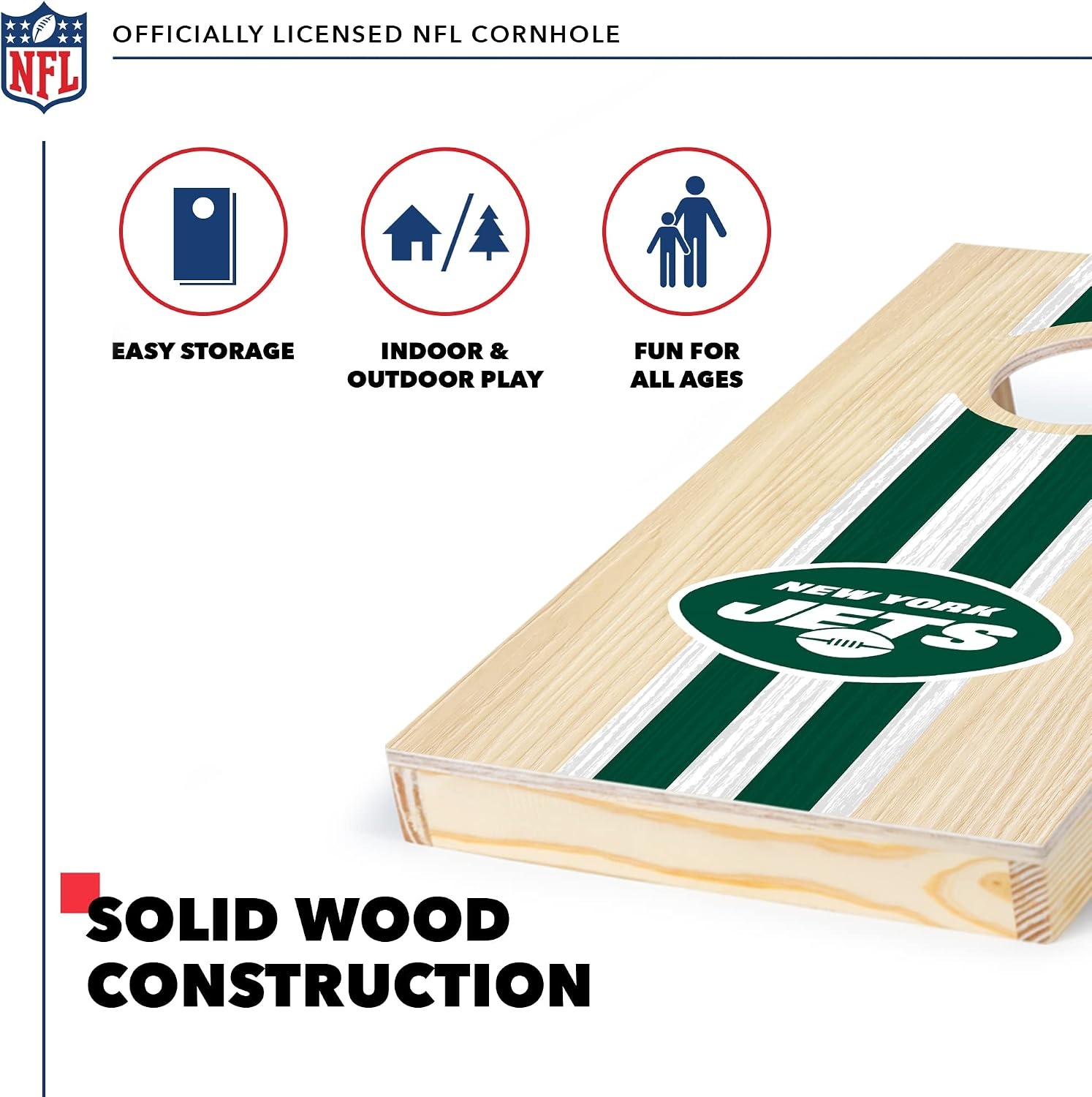 NFL Football Portable Size 1′ x 2′ Solid Wood Cornhole Set with Direct Print HD Team Graphics – Travel Size(New York Jets)