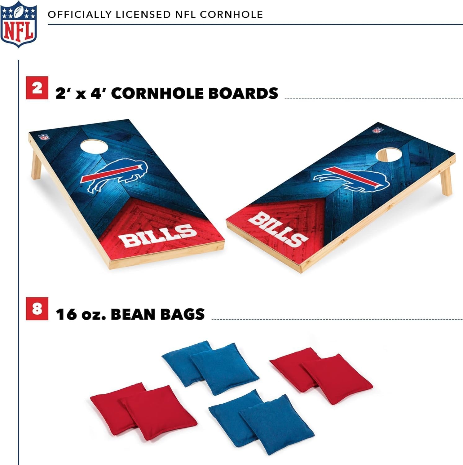 NFL Football 2′ x 4′ Regulation Size Solid Wood Cornhole Set with Direct Print HD Team Graphics Great Gift for Any Football Fan  Bean Bag Toss Family Outdoor Game(Buffalo Bills)