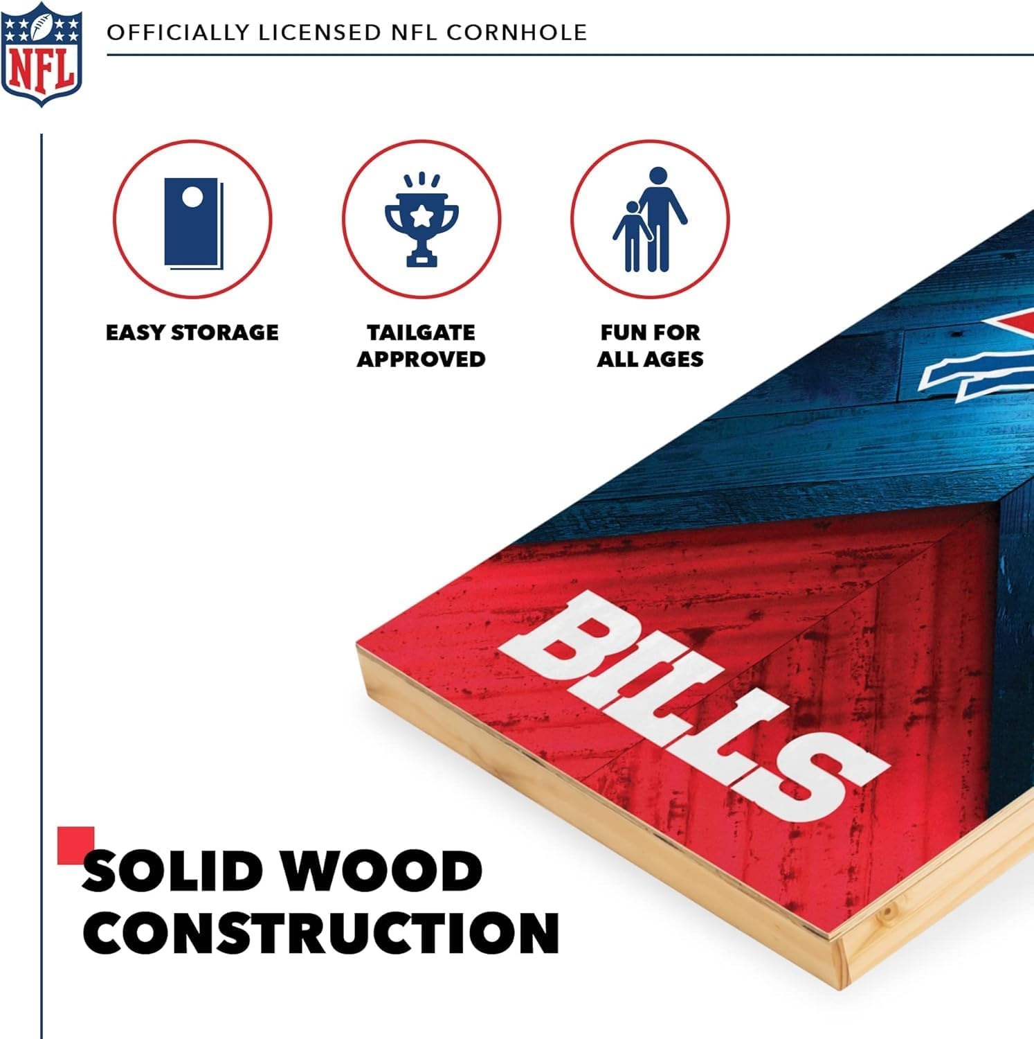 NFL Football 2′ x 4′ Regulation Size Solid Wood Cornhole Set with Direct Print HD Team Graphics Great Gift for Any Football Fan  Bean Bag Toss Family Outdoor Game(Buffalo Bills)