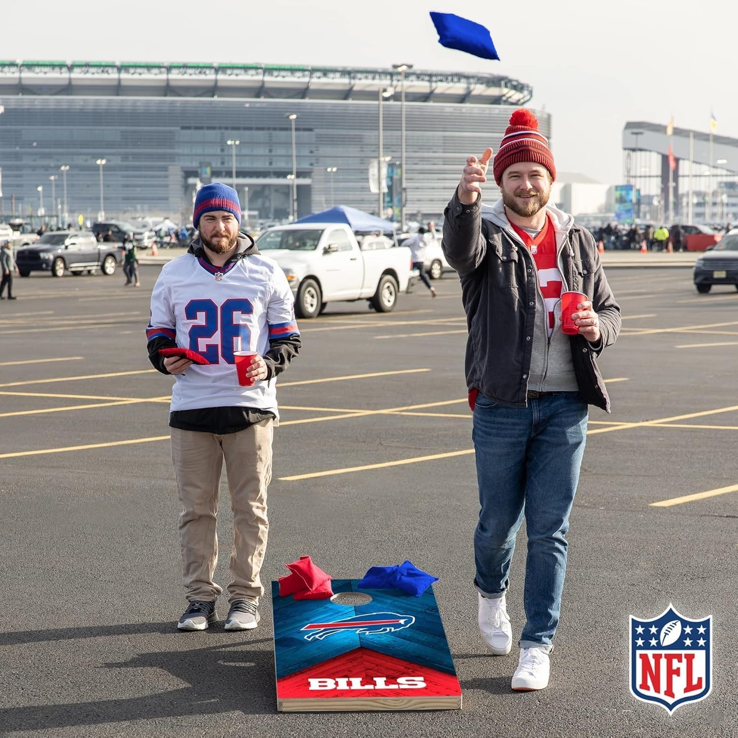 NFL Football 2′ x 4′ Regulation Size Solid Wood Cornhole Set with Direct Print HD Team Graphics Great Gift for Any Football Fan  Bean Bag Toss Family Outdoor Game(Buffalo Bills)