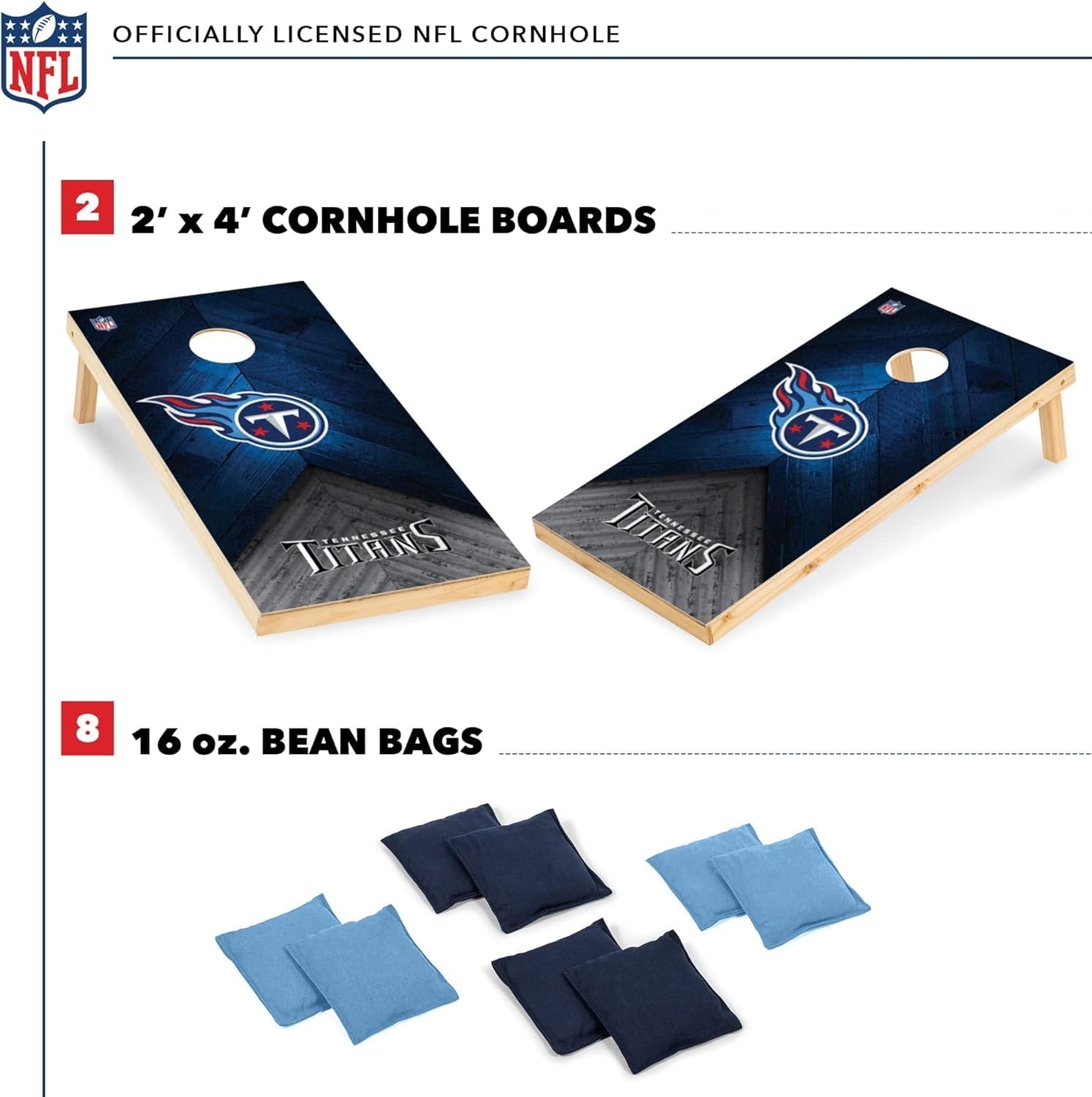 NFL Football 2′ x 4′ Regulation Size Solid Wood Cornhole Set with Direct Print HD Team Graphics Great Gift for Any Football Fan  Bean Bag Toss Family Outdoor Game(Tennessee Titans)