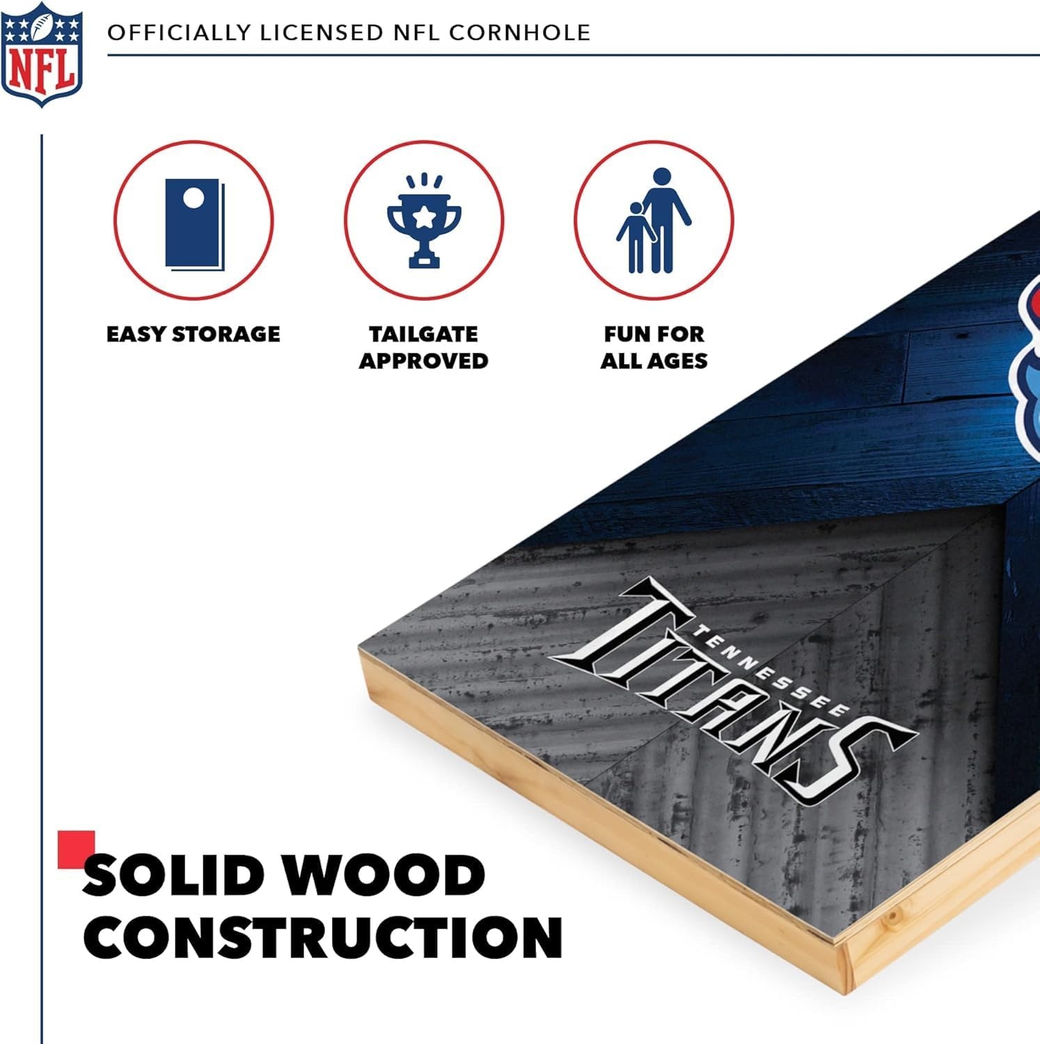 NFL Football 2′ x 4′ Regulation Size Solid Wood Cornhole Set with Direct Print HD Team Graphics Great Gift for Any Football Fan  Bean Bag Toss Family Outdoor Game(Tennessee Titans)