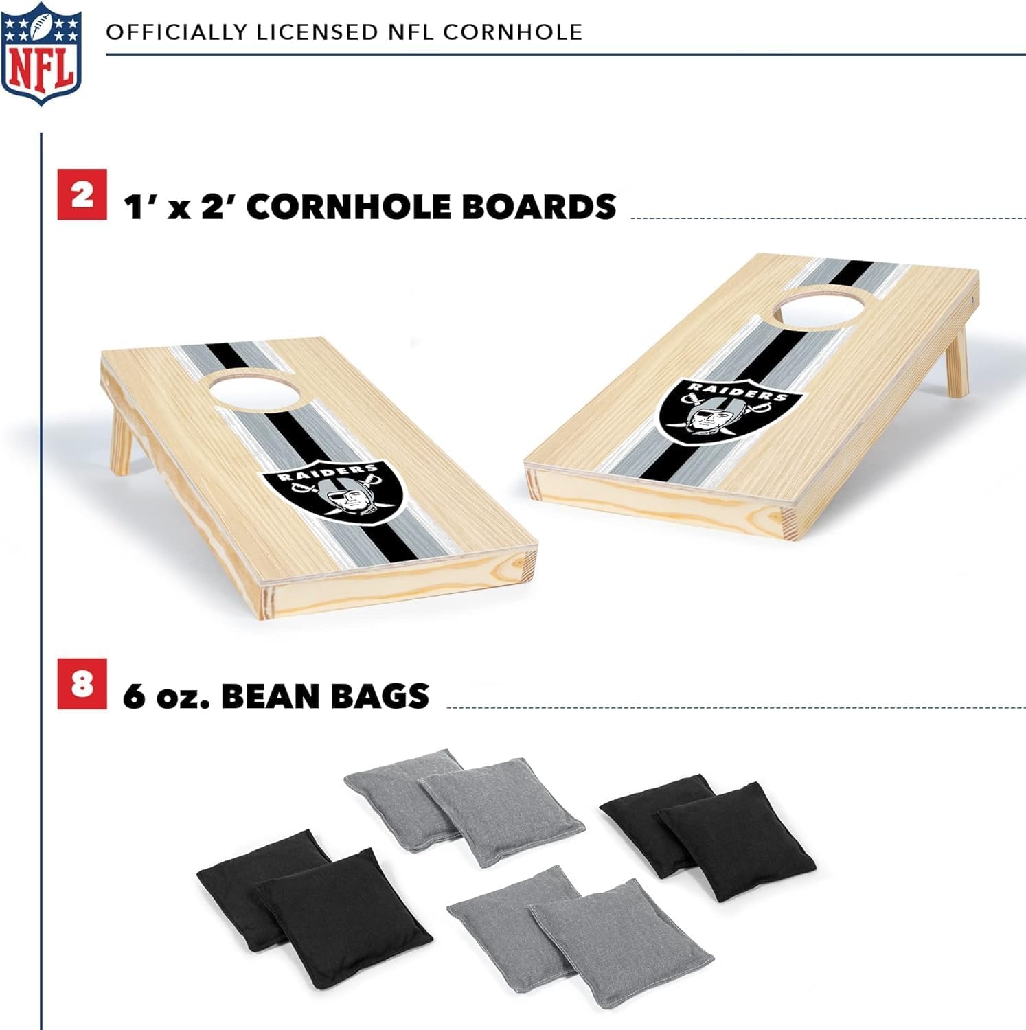 NFL Football Portable Size 1′ x 2′ Solid Wood Cornhole Set with Direct Print HD Team Graphics – Travel Size(Las Vegas Raiders)