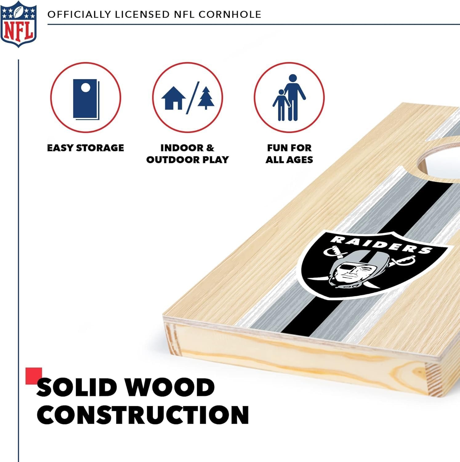 NFL Football Portable Size 1′ x 2′ Solid Wood Cornhole Set with Direct Print HD Team Graphics – Travel Size(Las Vegas Raiders)