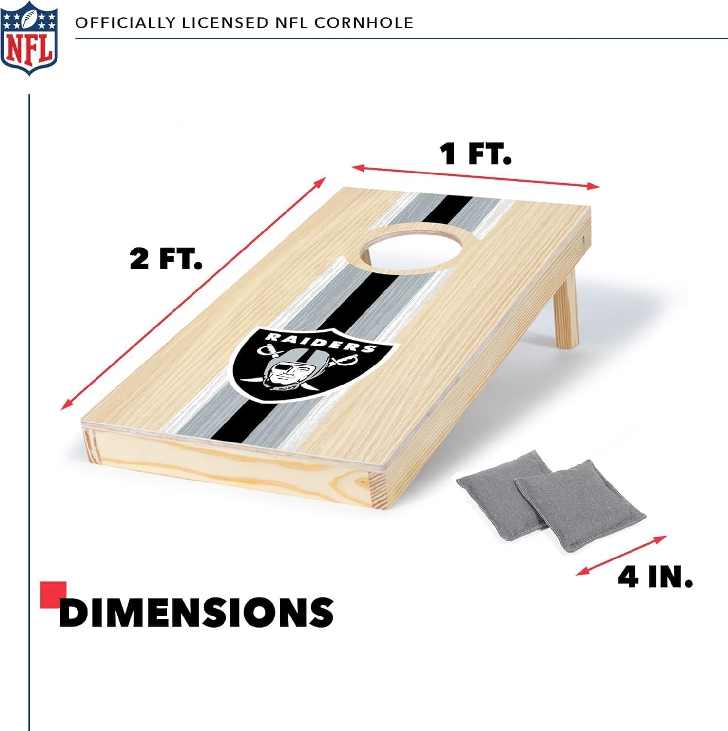 NFL Football Portable Size 1′ x 2′ Solid Wood Cornhole Set with Direct Print HD Team Graphics – Travel Size(Las Vegas Raiders)