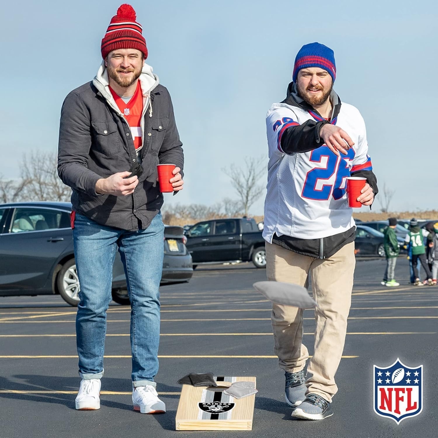 NFL Football Portable Size 1′ x 2′ Solid Wood Cornhole Set with Direct Print HD Team Graphics – Travel Size(Las Vegas Raiders)