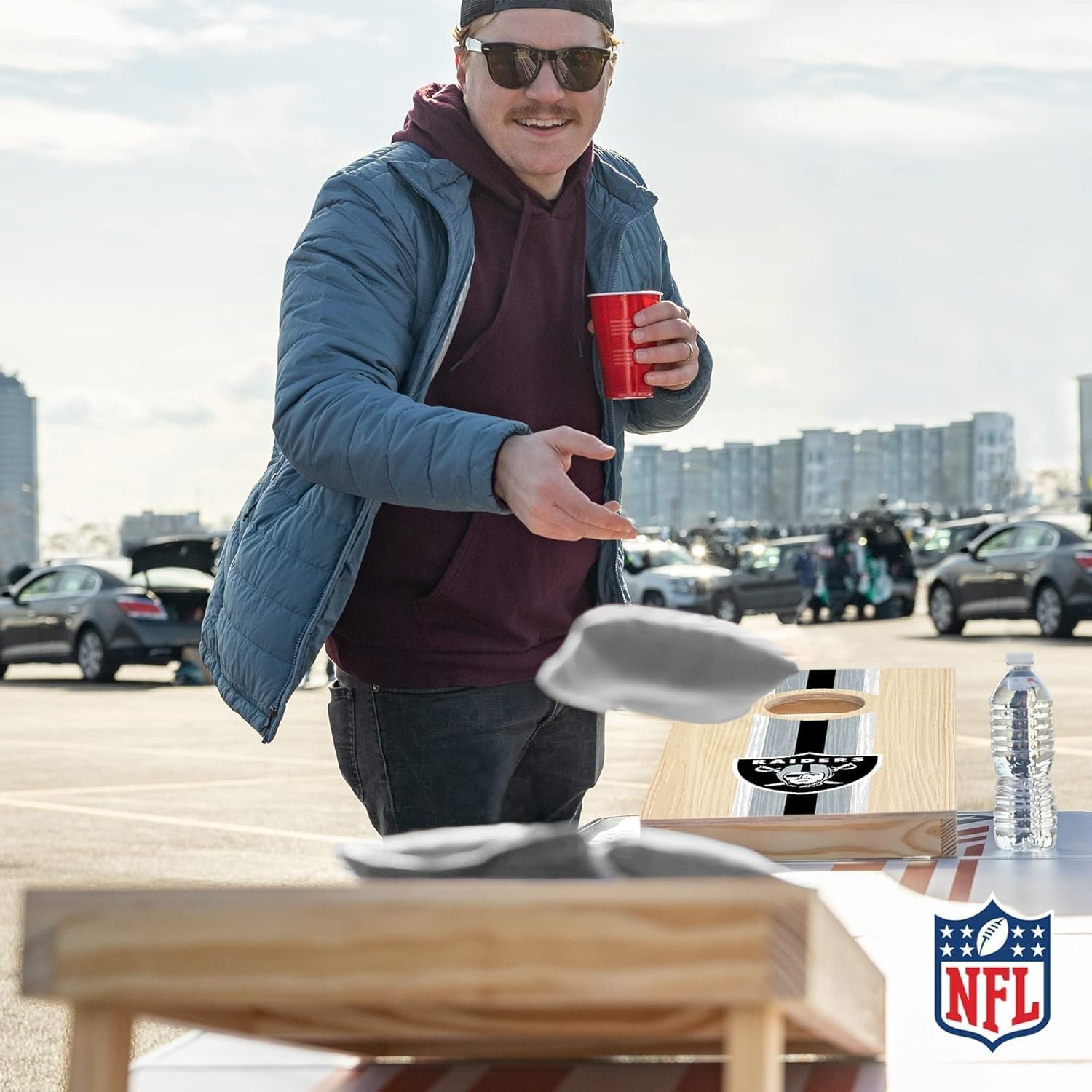NFL Football Portable Size 1′ x 2′ Solid Wood Cornhole Set with Direct Print HD Team Graphics – Travel Size(Las Vegas Raiders)