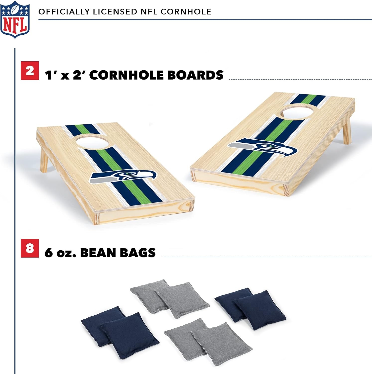 NFL Football Portable Size 1′ x 2′ Solid Wood Cornhole Set with Direct Print HD Team Graphics – Travel Size(Seattle Seahawks)