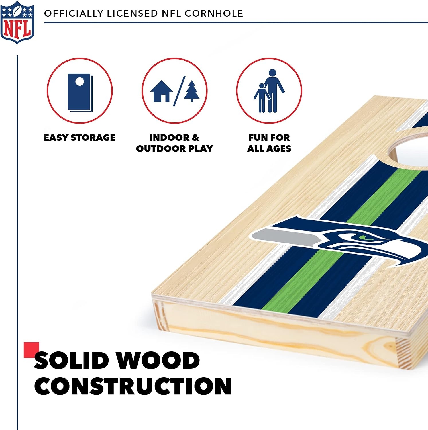 NFL Football Portable Size 1′ x 2′ Solid Wood Cornhole Set with Direct Print HD Team Graphics – Travel Size(Seattle Seahawks)