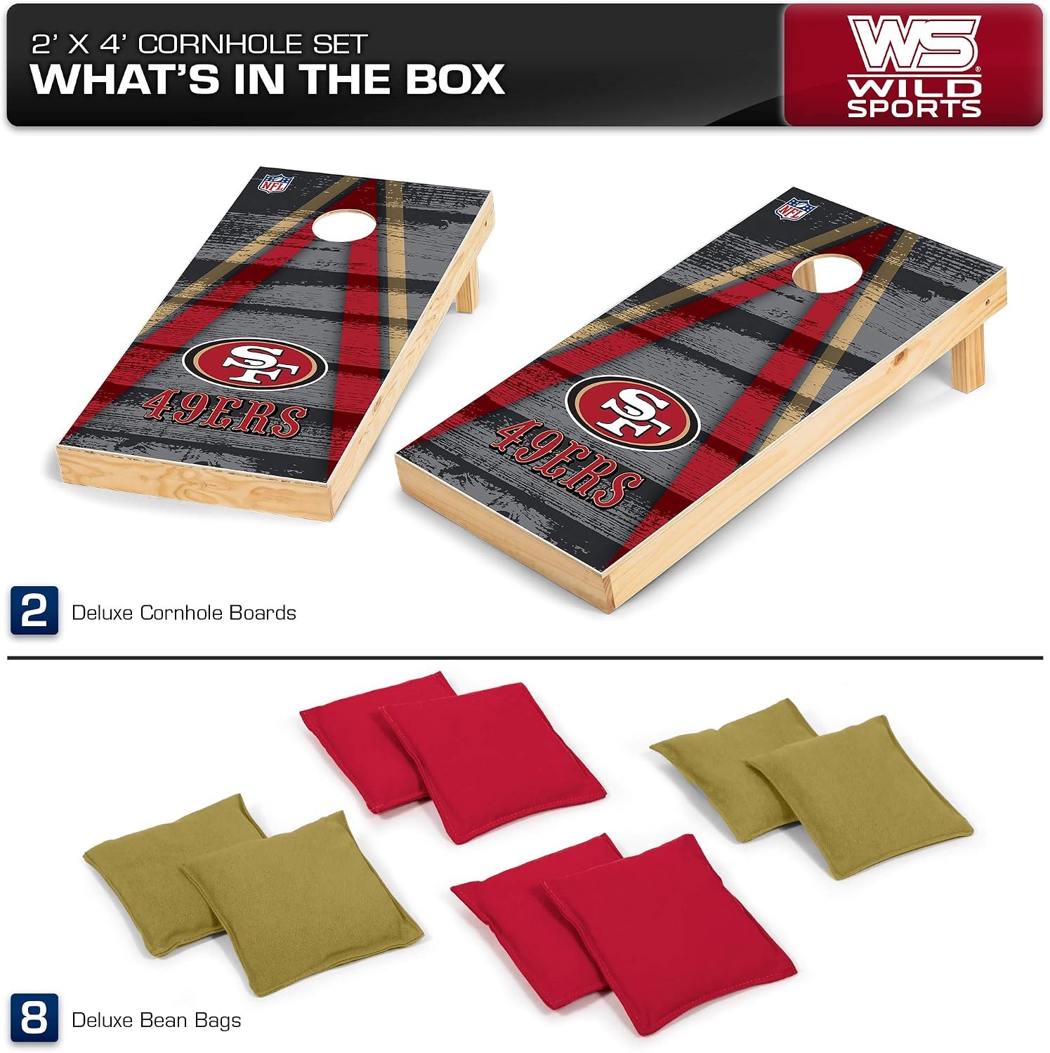 NFL Pro Football 2′ x 4′ Wood Direct Print Tournament Cornhole Set by Wild Sports, Comes with 8 Bean Bags – Perfect for Tailgate, Outdoor, Backyard(San Francisco 49ers)