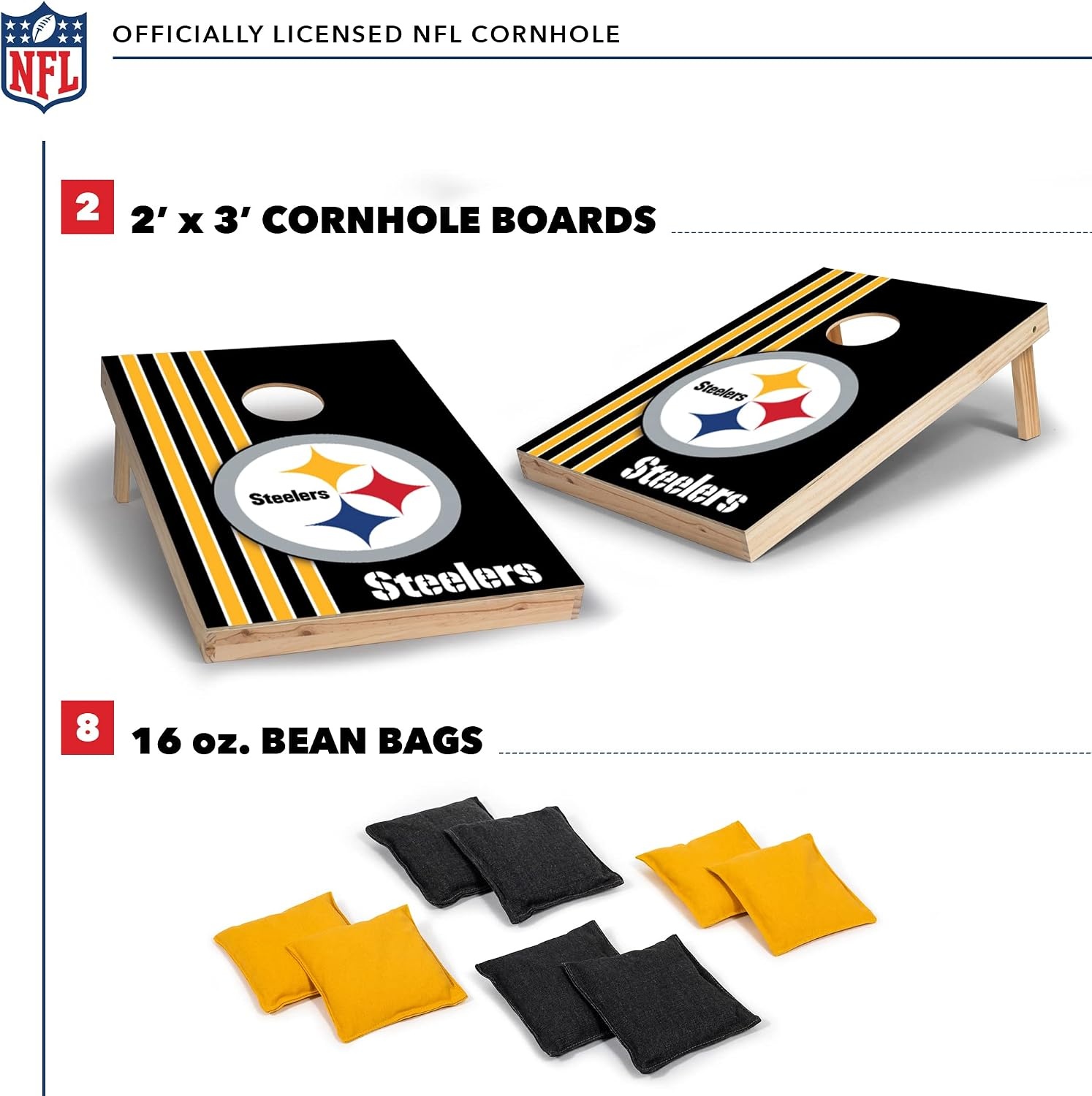 NFL 2′ x 3′ Solid Wood Cornhole Set with Direct Print HD Team Graphics – Great Gift for Any Football Fan  Bean Bag Toss Family Outdoor Games(Pittsburgh Steelers)
