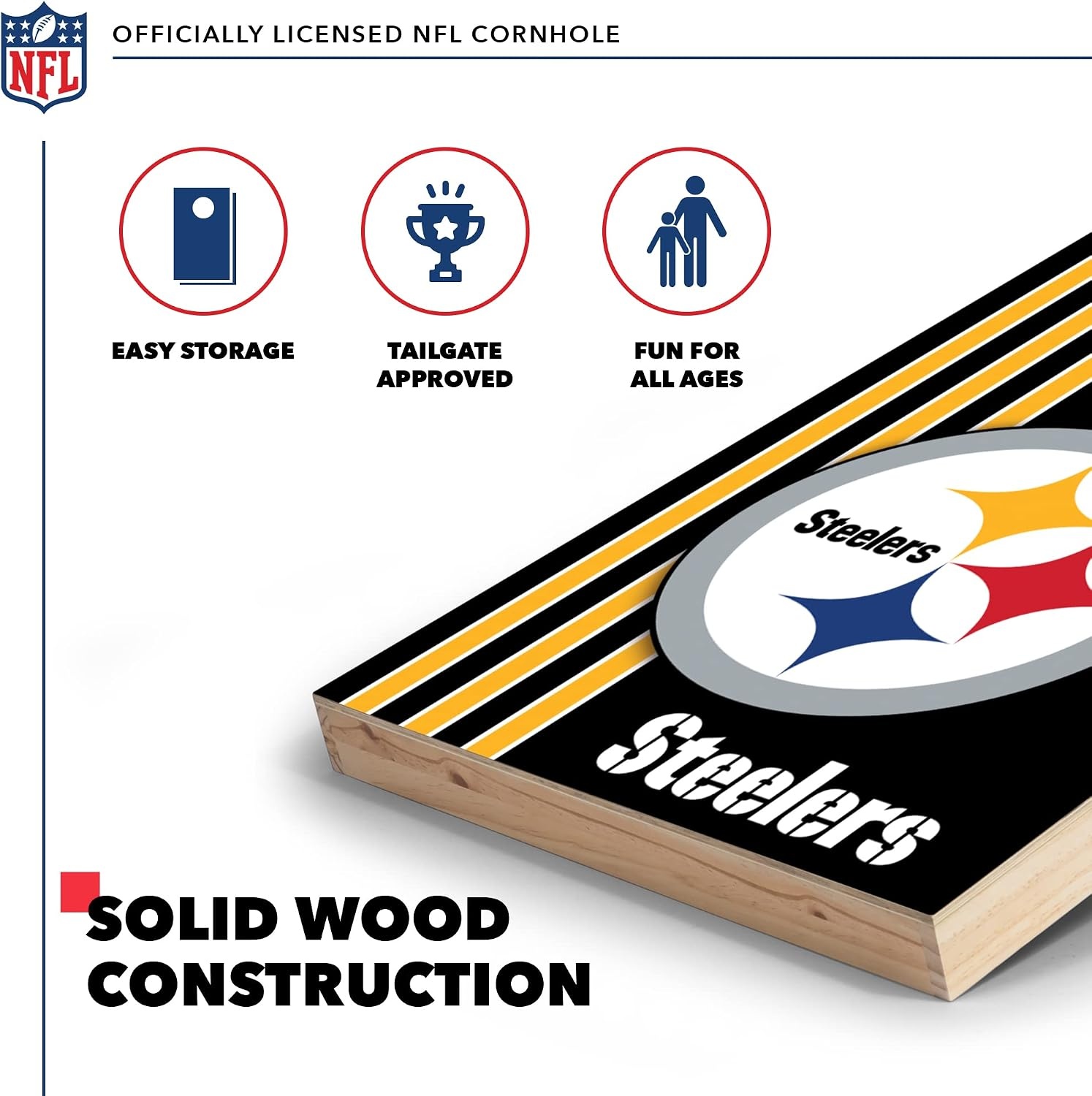 NFL 2′ x 3′ Solid Wood Cornhole Set with Direct Print HD Team Graphics – Great Gift for Any Football Fan  Bean Bag Toss Family Outdoor Games(Pittsburgh Steelers)