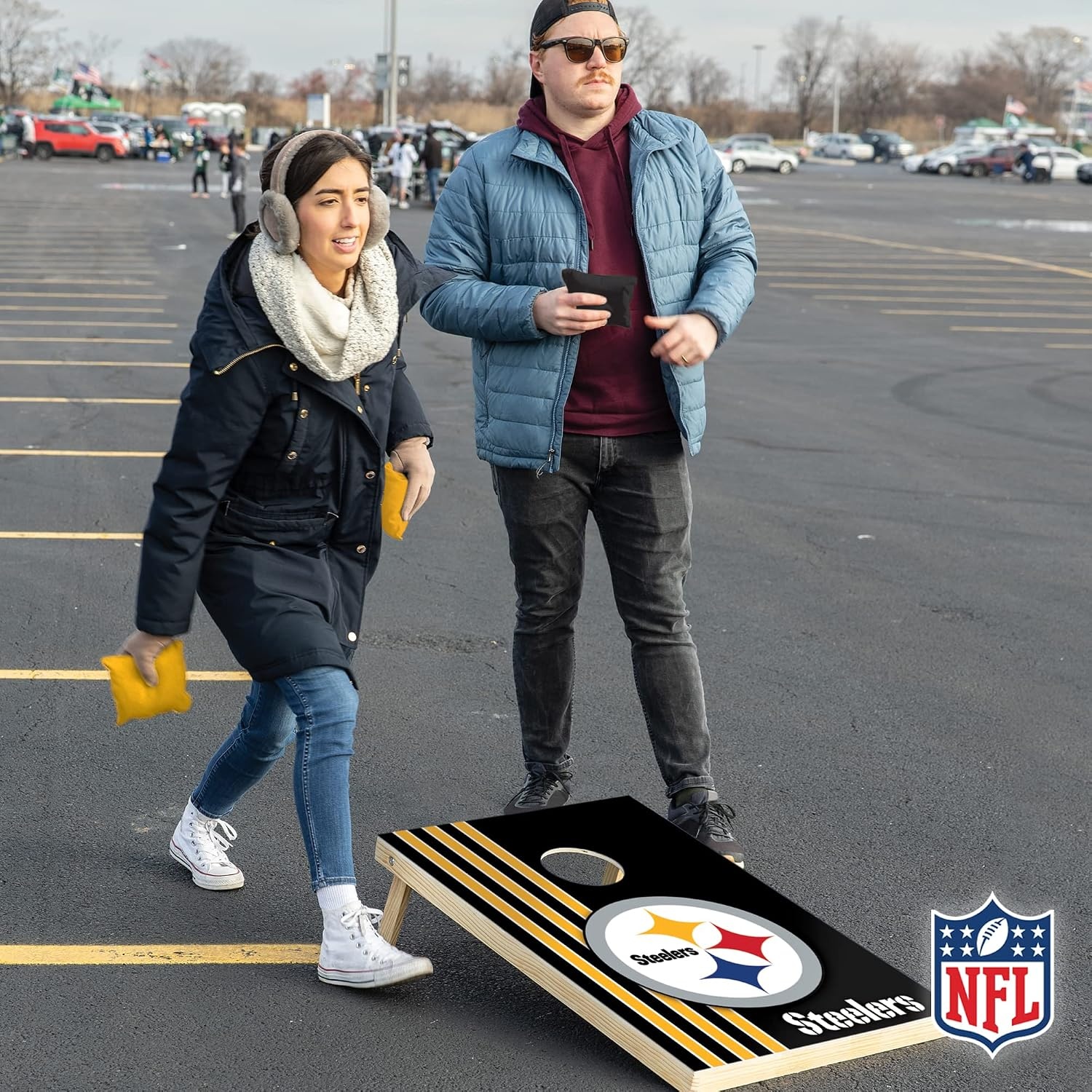 NFL 2′ x 3′ Solid Wood Cornhole Set with Direct Print HD Team Graphics – Great Gift for Any Football Fan  Bean Bag Toss Family Outdoor Games(Pittsburgh Steelers)