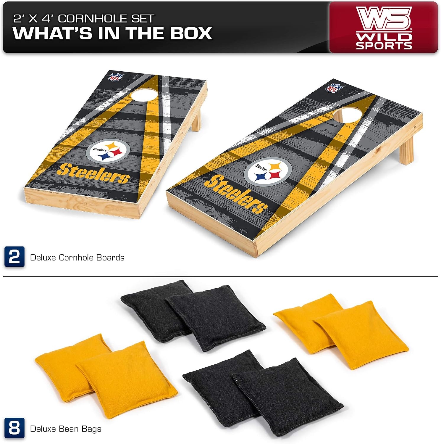 NFL Pro Football 2′ x 4′ Wood Direct Print Tournament Cornhole Set by Wild Sports, Comes with 8 Bean Bags – Perfect for Tailgate, Outdoor, Backyard(Pittsburgh Steelers)