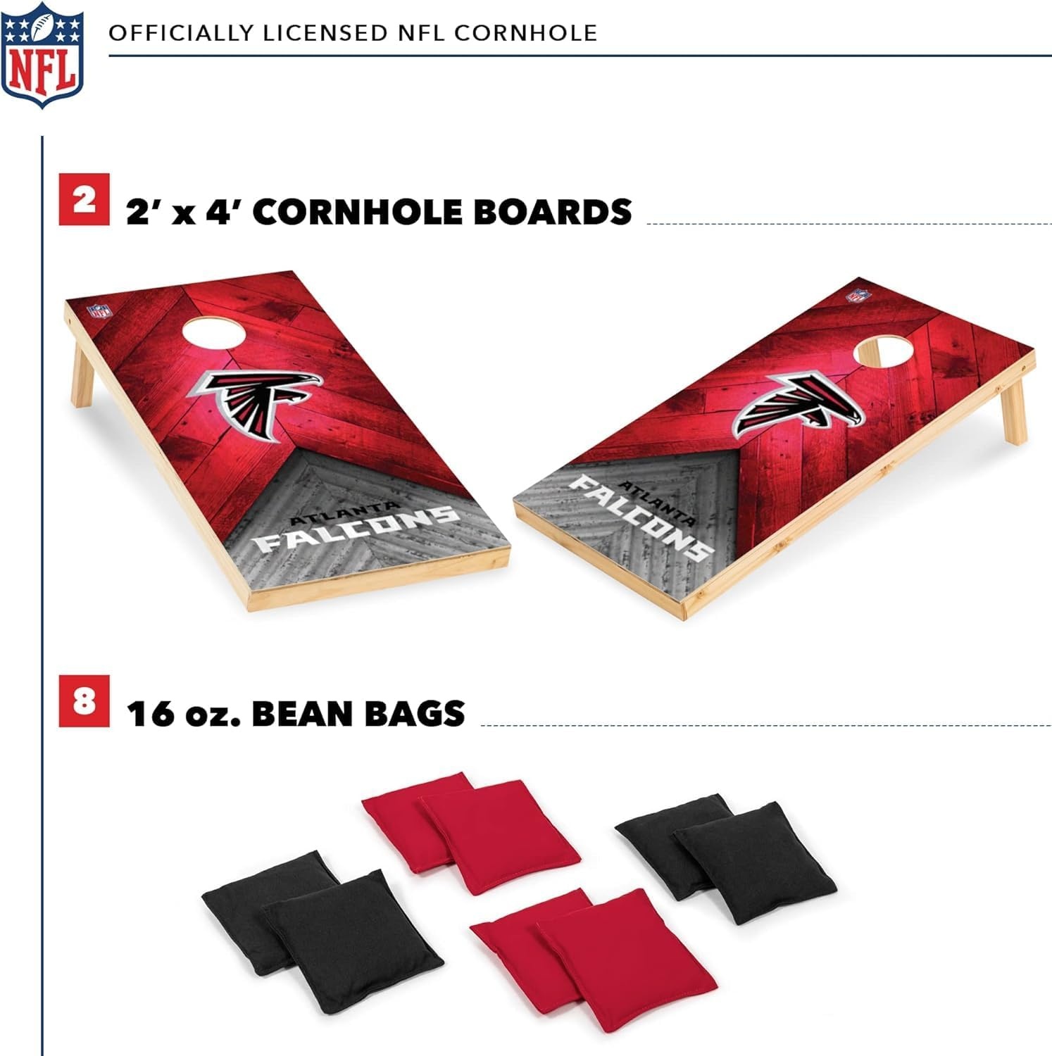 NFL Football 2′ x 4′ Regulation Size Solid Wood Cornhole Set with Direct Print HD Team Graphics Great Gift for Any Football Fan  Bean Bag Toss Family Outdoor Game(Atlanta Falcons)