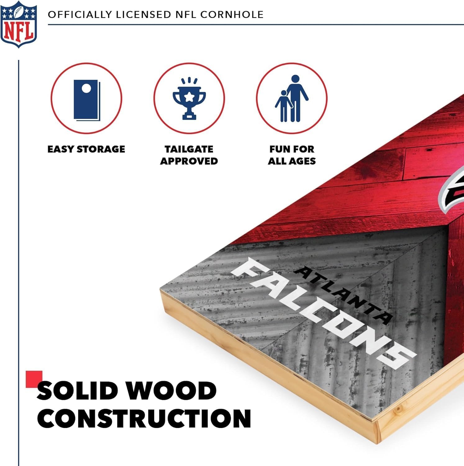 NFL Football 2′ x 4′ Regulation Size Solid Wood Cornhole Set with Direct Print HD Team Graphics Great Gift for Any Football Fan  Bean Bag Toss Family Outdoor Game(Atlanta Falcons)