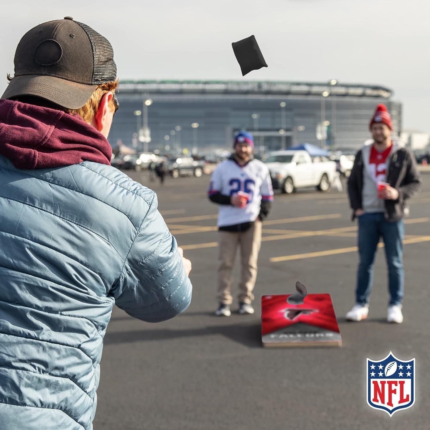 NFL Football 2′ x 4′ Regulation Size Solid Wood Cornhole Set with Direct Print HD Team Graphics Great Gift for Any Football Fan  Bean Bag Toss Family Outdoor Game(Atlanta Falcons)