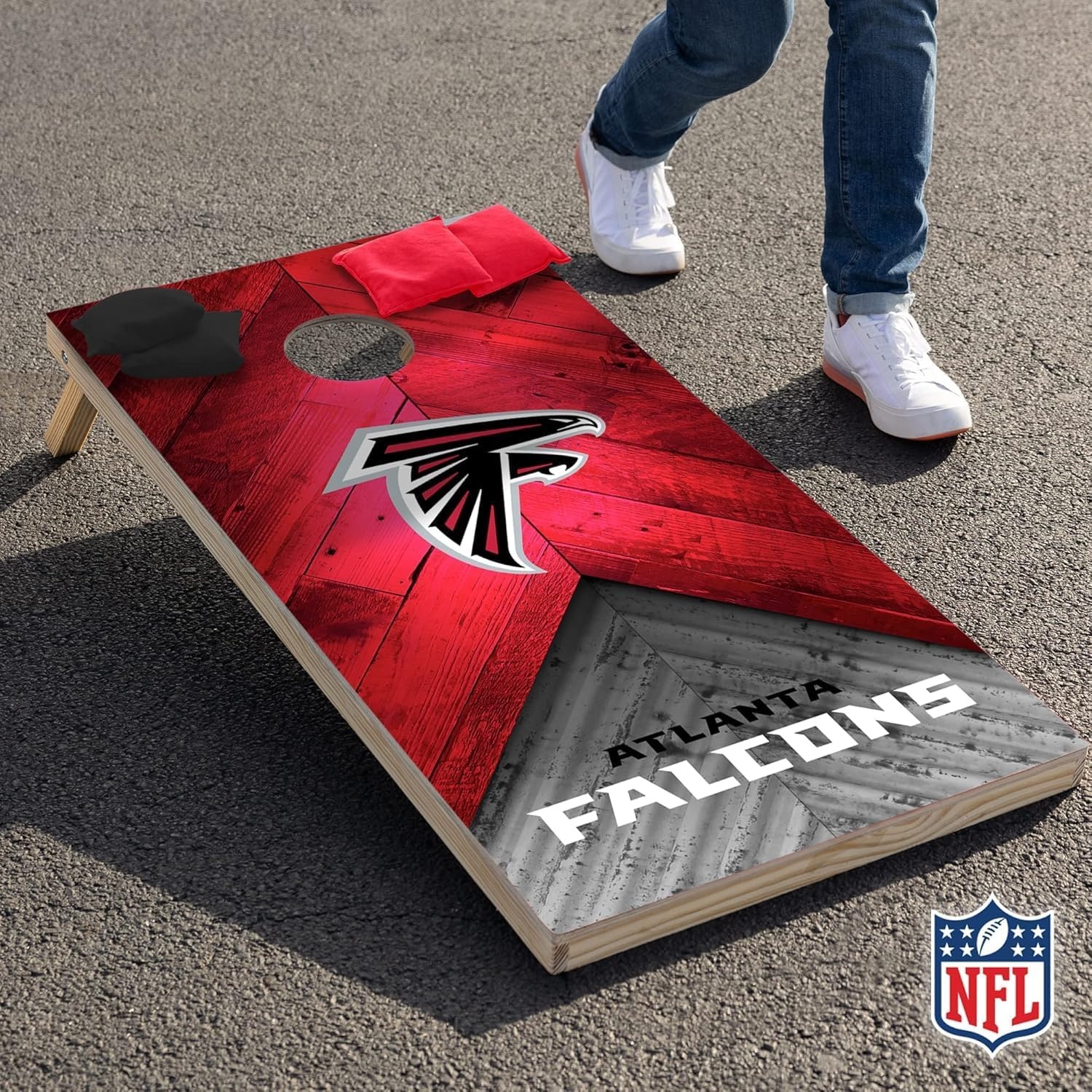 NFL Football 2′ x 4′ Regulation Size Solid Wood Cornhole Set with Direct Print HD Team Graphics Great Gift for Any Football Fan  Bean Bag Toss Family Outdoor Game(Atlanta Falcons)