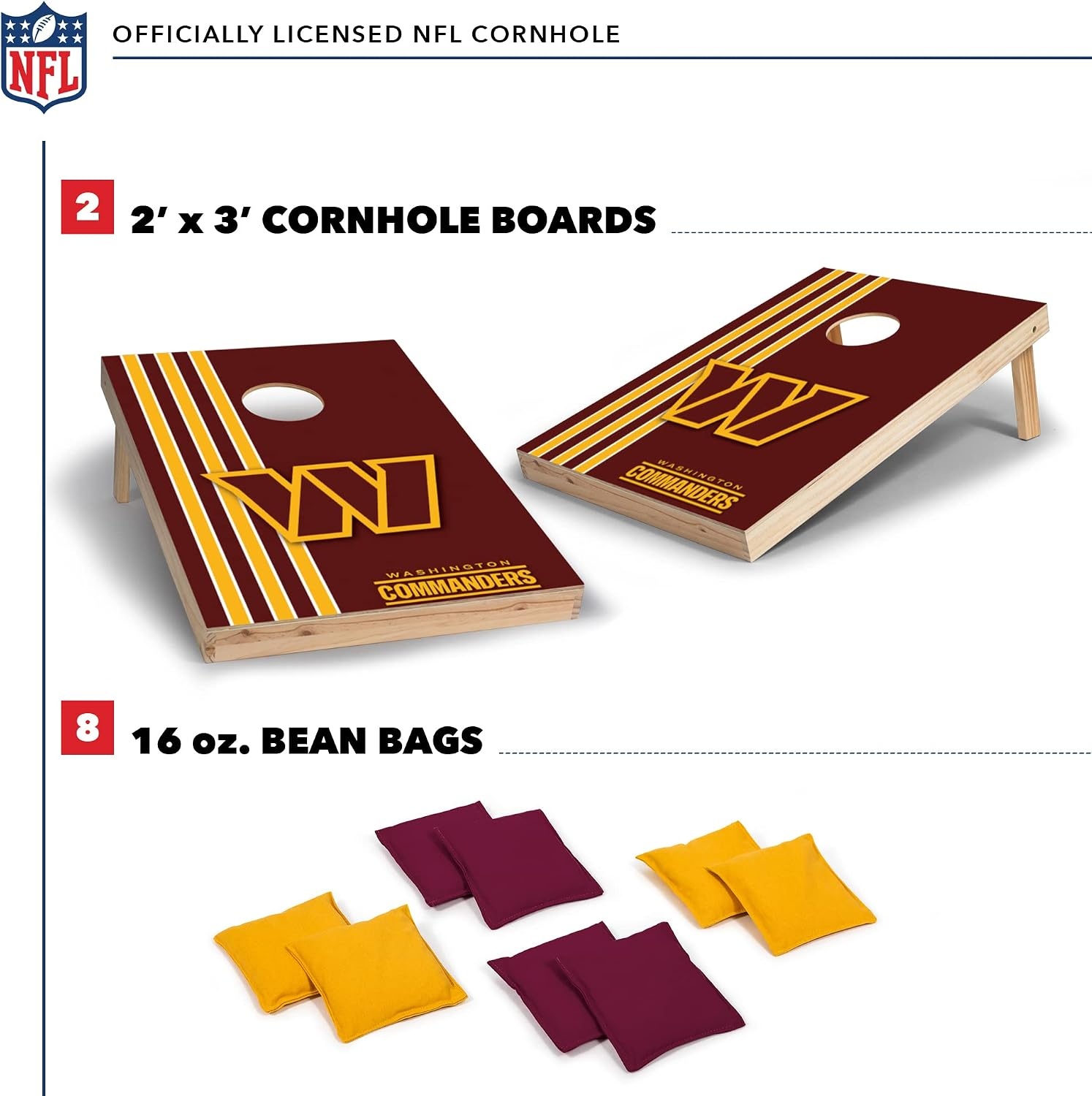 NFL 2′ x 3′ Solid Wood Cornhole Set with Direct Print HD Team Graphics – Great Gift for Any Football Fan  Bean Bag Toss Family Outdoor Games(Washington Commanders)