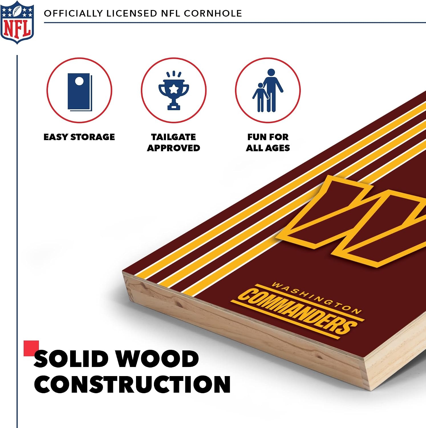 NFL 2′ x 3′ Solid Wood Cornhole Set with Direct Print HD Team Graphics – Great Gift for Any Football Fan  Bean Bag Toss Family Outdoor Games(Washington Commanders)