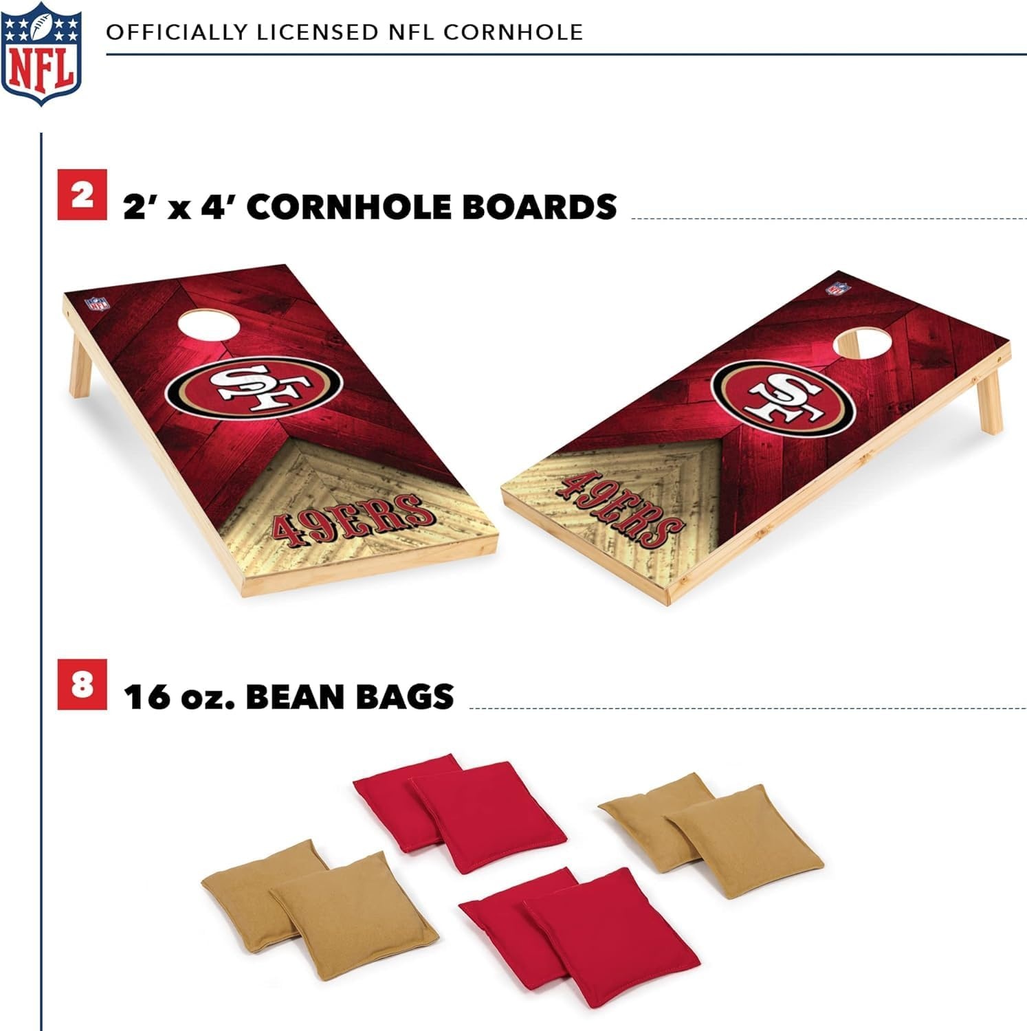 NFL Football 2′ x 4′ Regulation Size Solid Wood Cornhole Set with Direct Print HD Team Graphics Great Gift for Any Football Fan  Bean Bag Toss Family Outdoor Game(San Francisco 49ers)