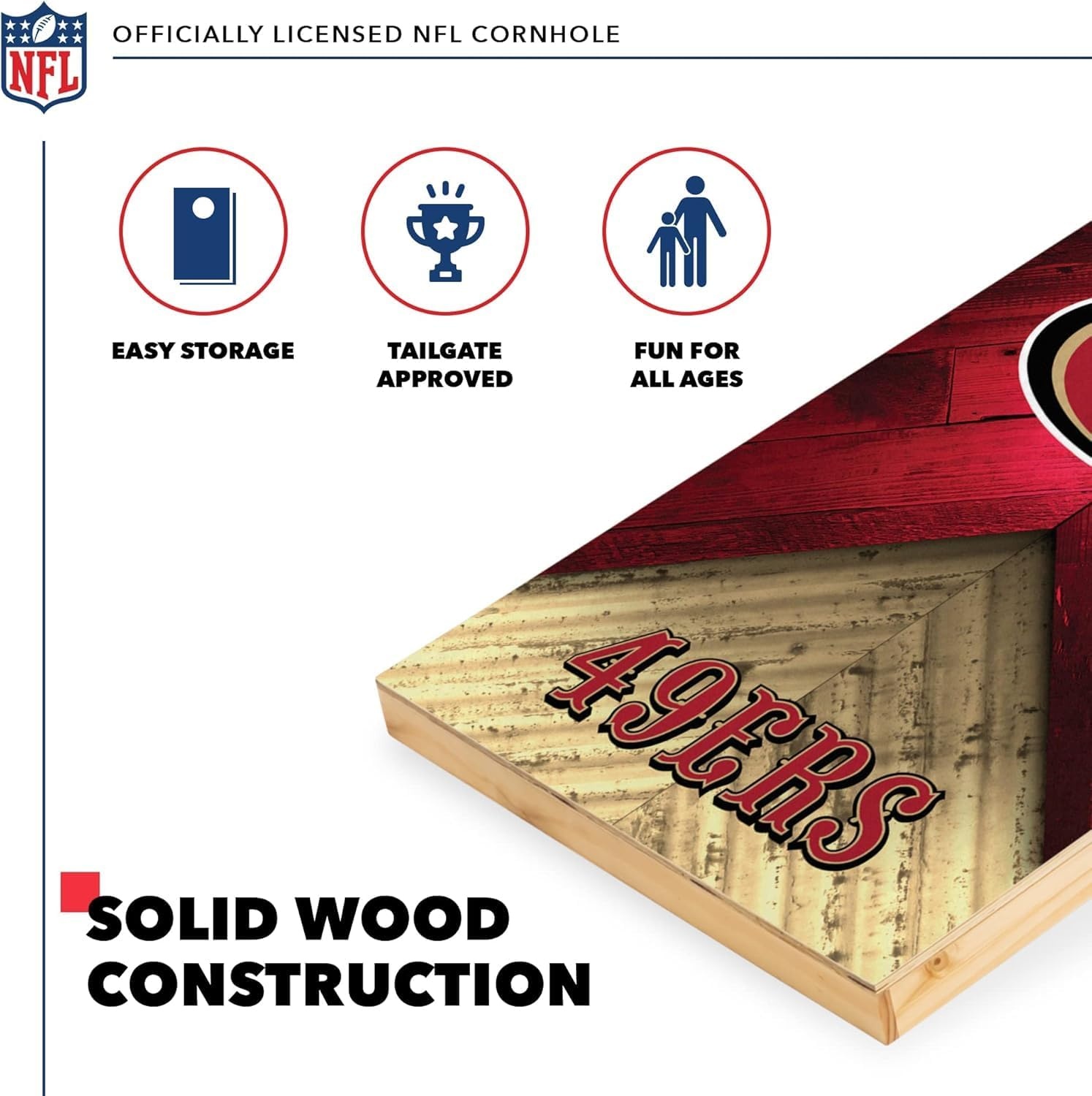 NFL Football 2′ x 4′ Regulation Size Solid Wood Cornhole Set with Direct Print HD Team Graphics Great Gift for Any Football Fan  Bean Bag Toss Family Outdoor Game(San Francisco 49ers)
