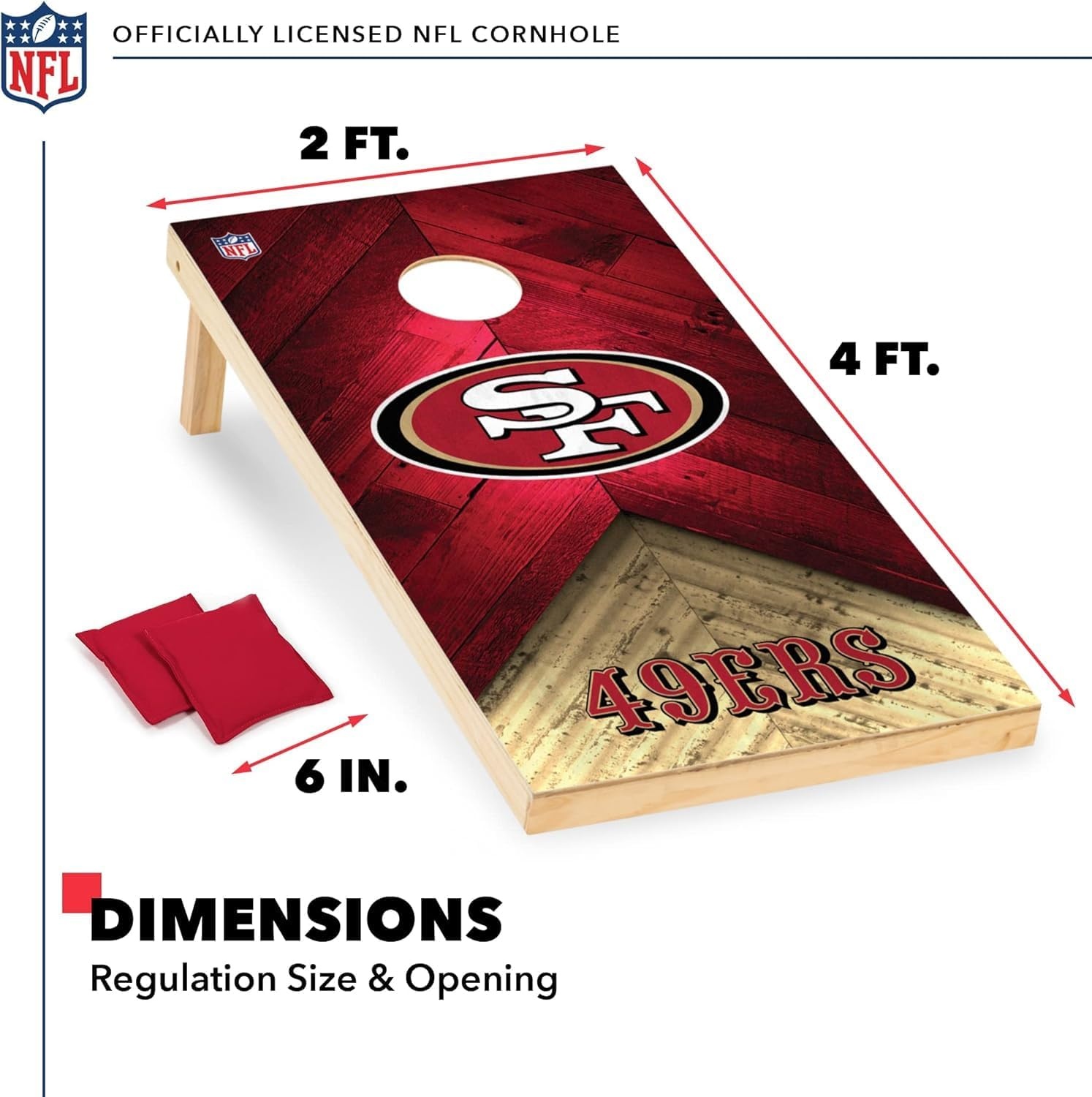 NFL Football 2′ x 4′ Regulation Size Solid Wood Cornhole Set with Direct Print HD Team Graphics Great Gift for Any Football Fan  Bean Bag Toss Family Outdoor Game(San Francisco 49ers)