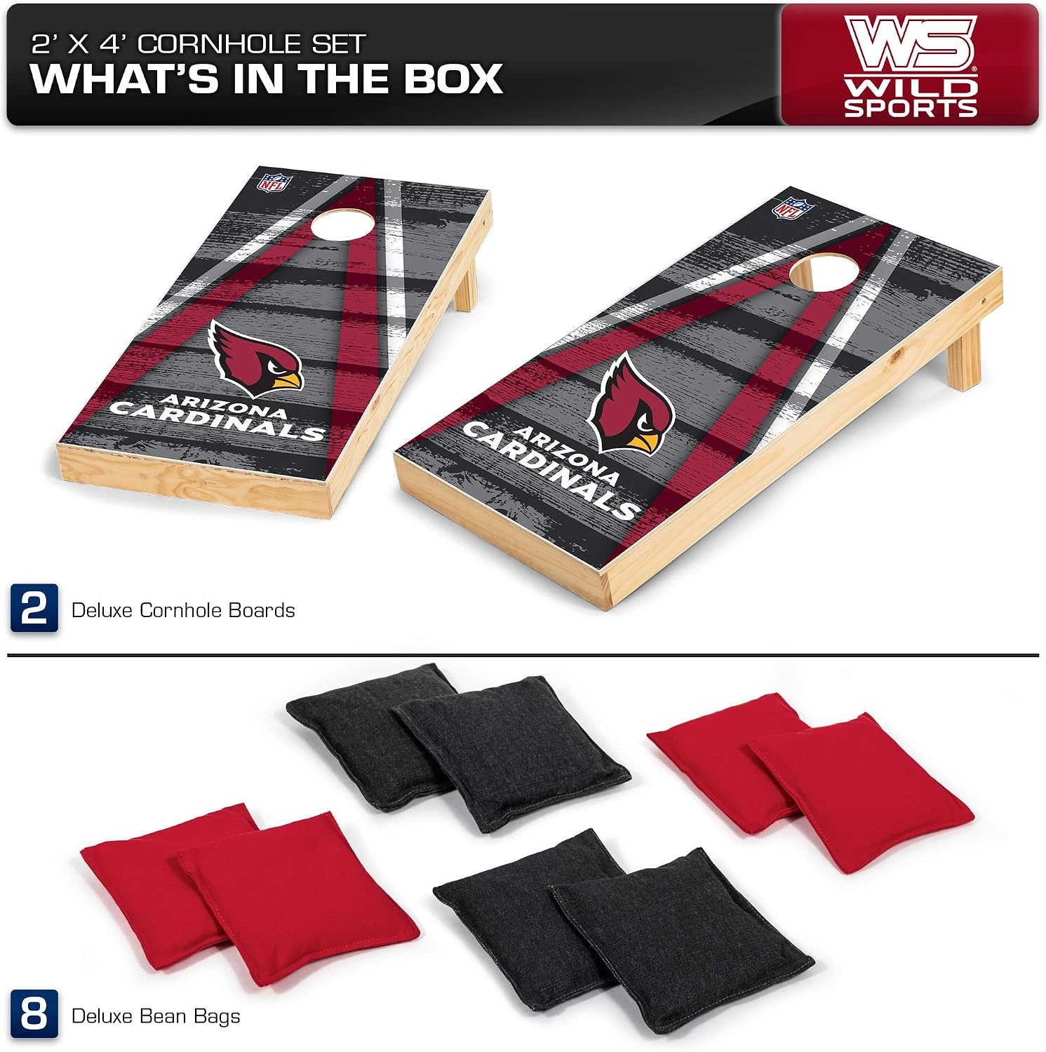 NFL Pro Football 2′ x 4′ Wood Direct Print Tournament Cornhole Set by Wild Sports, Comes with 8 Bean Bags – Perfect for Tailgate, Outdoor, Backyard(Arizona Cardinals)