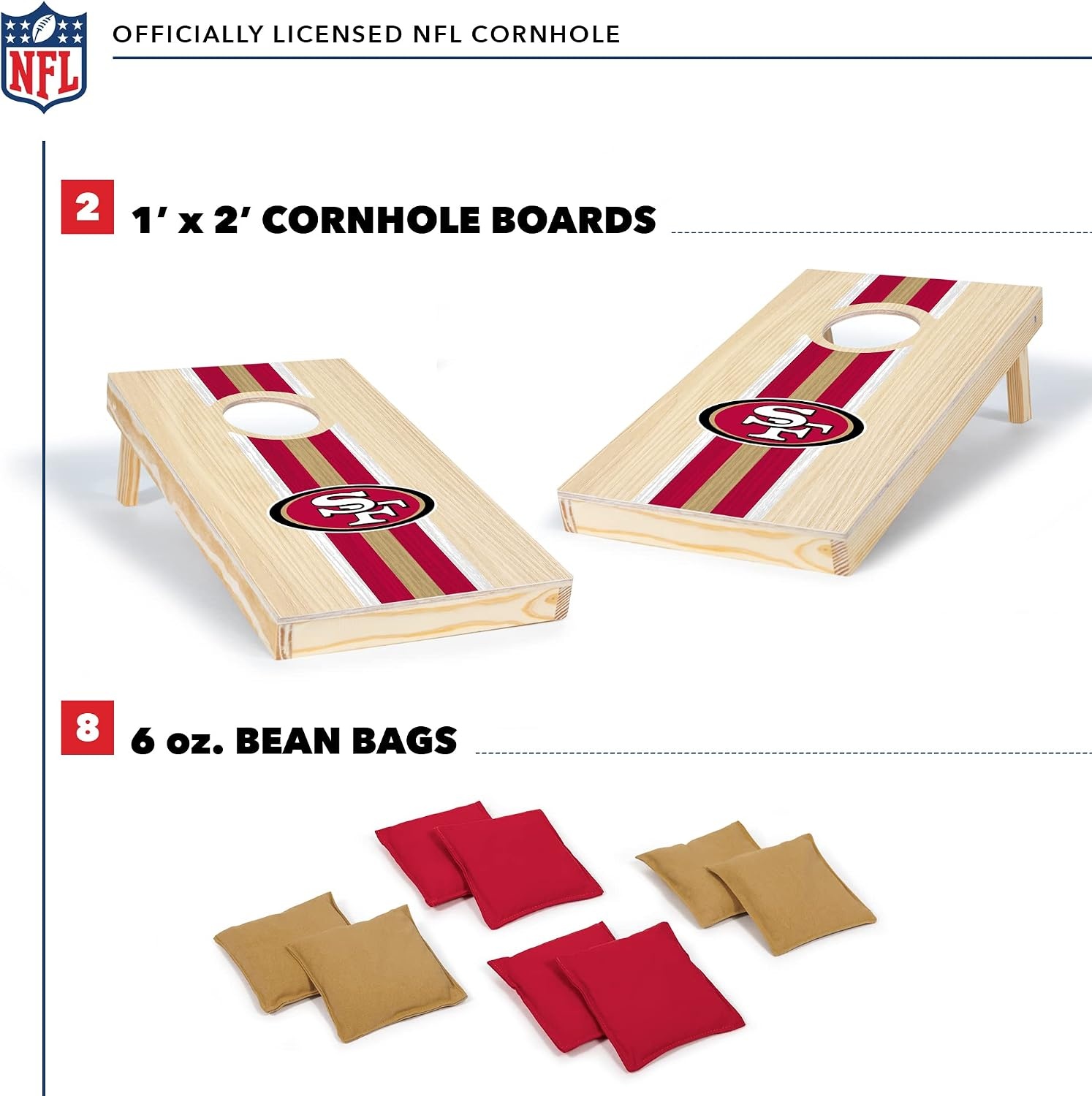 NFL Football Portable Size 1′ x 2′ Solid Wood Cornhole Set with Direct Print HD Team Graphics – Travel Size(San Francisco 49ers)