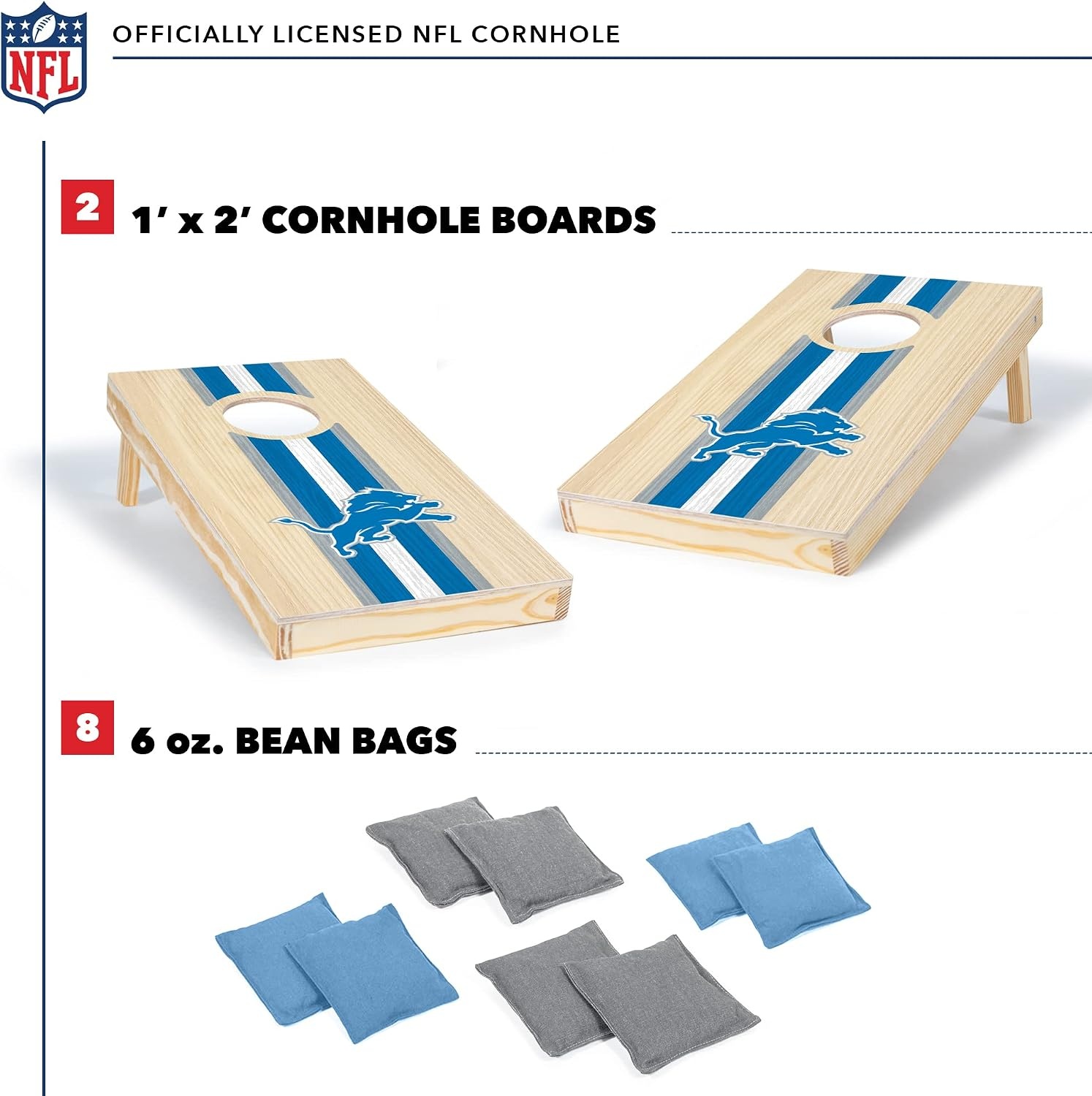 NFL Football Portable Size 1′ x 2′ Solid Wood Cornhole Set with Direct Print HD Team Graphics – Travel Size(Detroit Lions)