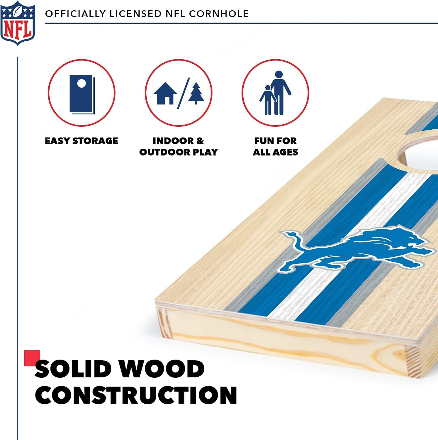 NFL Football Portable Size 1′ x 2′ Solid Wood Cornhole Set with Direct Print HD Team Graphics – Travel Size(Detroit Lions)