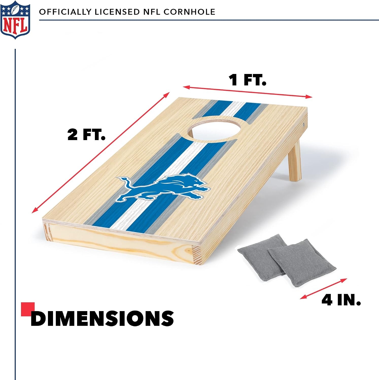 NFL Football Portable Size 1′ x 2′ Solid Wood Cornhole Set with Direct Print HD Team Graphics – Travel Size(Detroit Lions)