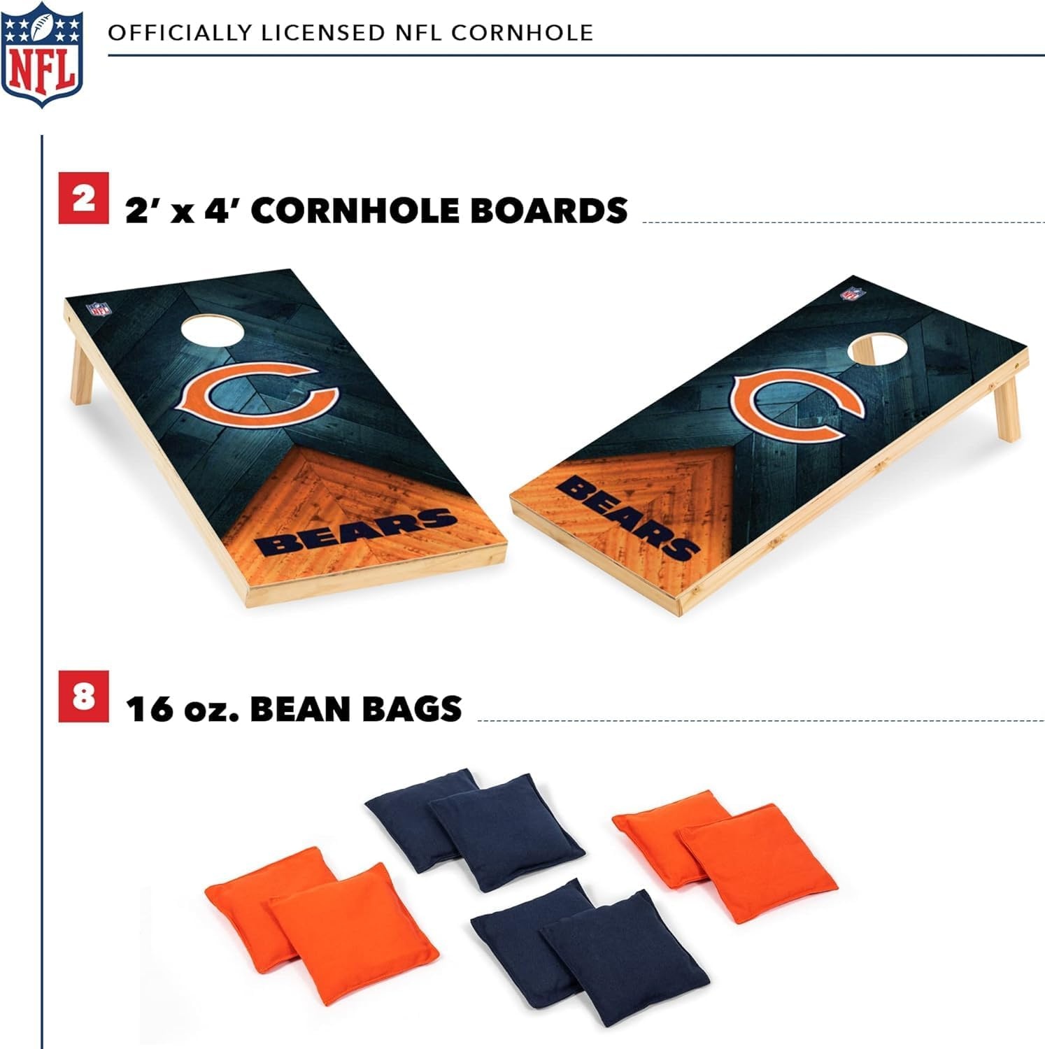 NFL Football 2′ x 4′ Regulation Size Solid Wood Cornhole Set with Direct Print HD Team Graphics Great Gift for Any Football Fan  Bean Bag Toss Family Outdoor Game(Chicago Bears)