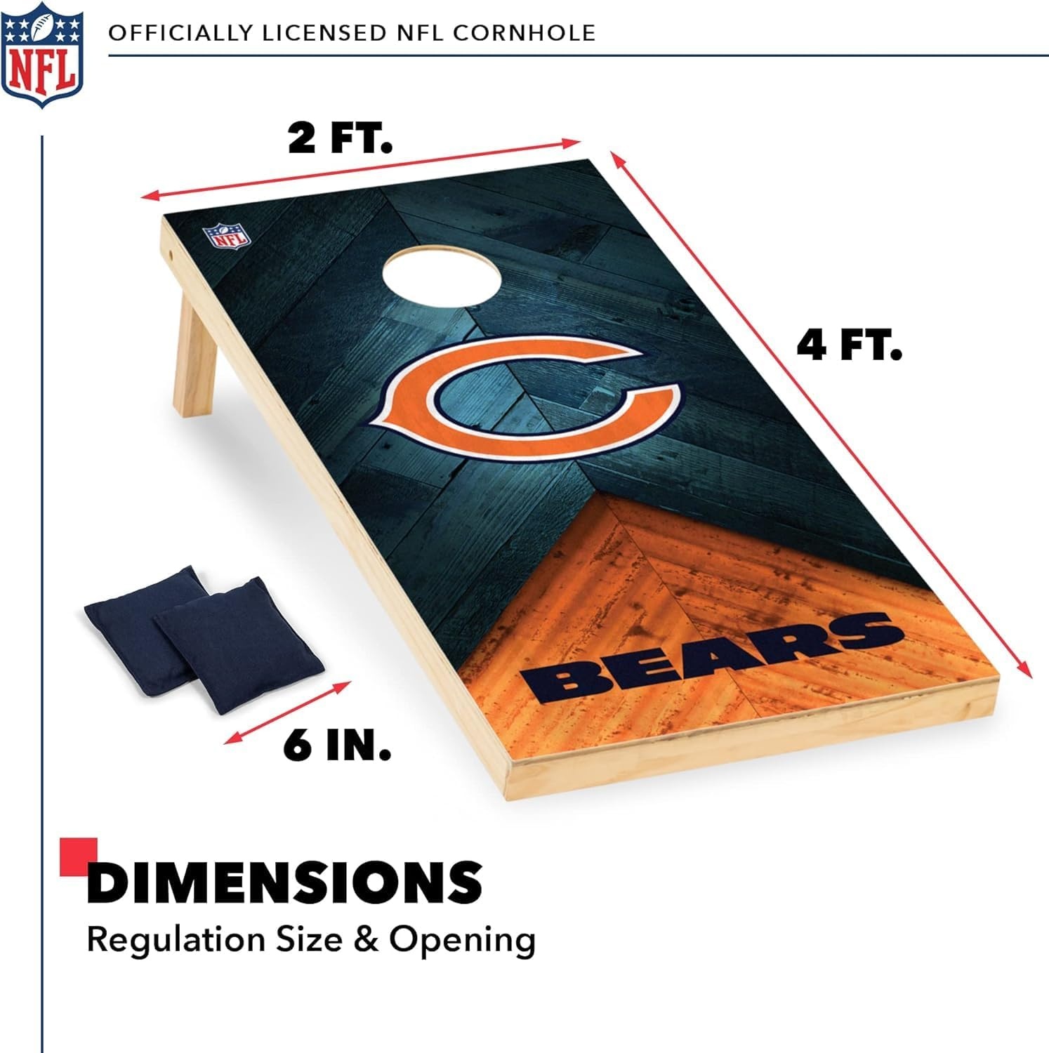 NFL Football 2′ x 4′ Regulation Size Solid Wood Cornhole Set with Direct Print HD Team Graphics Great Gift for Any Football Fan  Bean Bag Toss Family Outdoor Game(Chicago Bears)