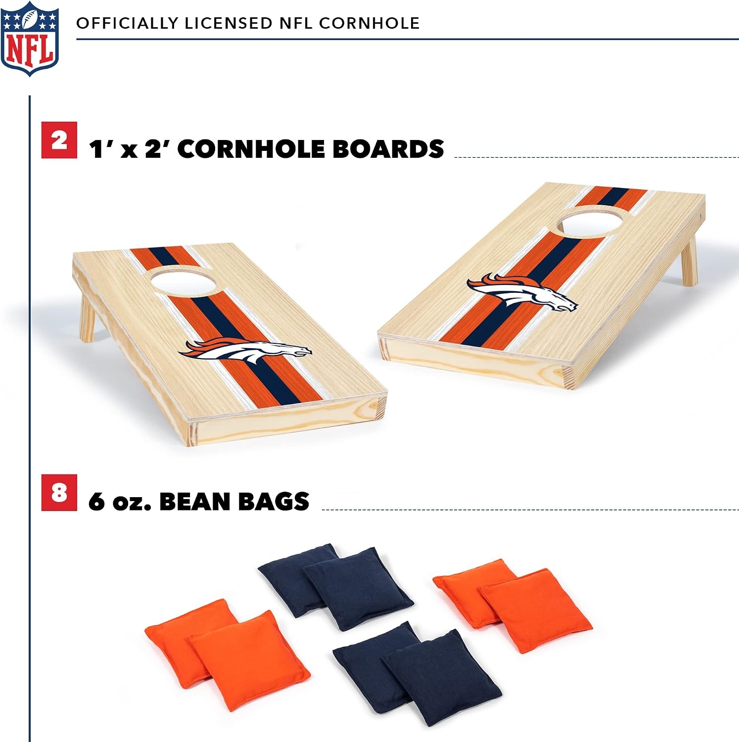 NFL Football Portable Size 1′ x 2′ Solid Wood Cornhole Set with Direct Print HD Team Graphics – Travel Size(Denver Broncos)