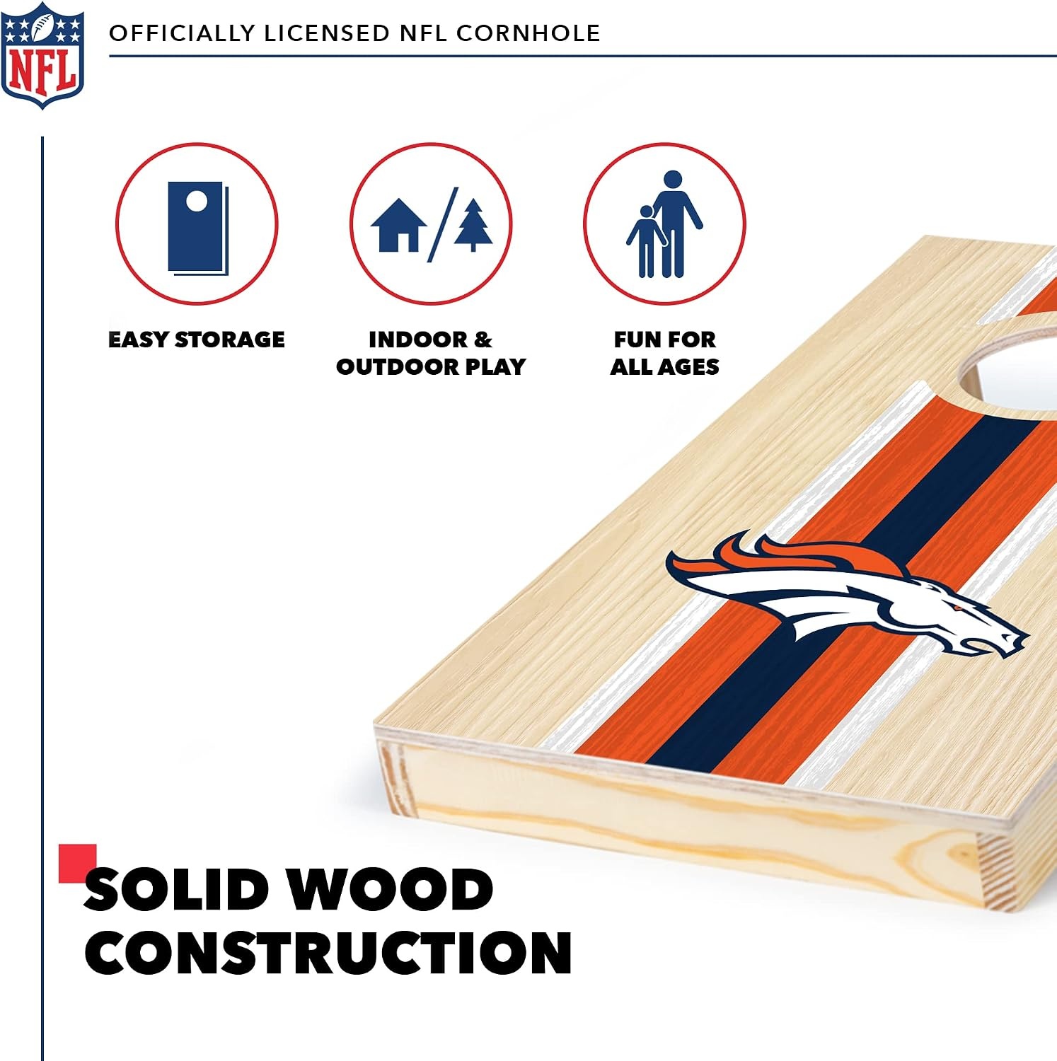 NFL Football Portable Size 1′ x 2′ Solid Wood Cornhole Set with Direct Print HD Team Graphics – Travel Size(Denver Broncos)