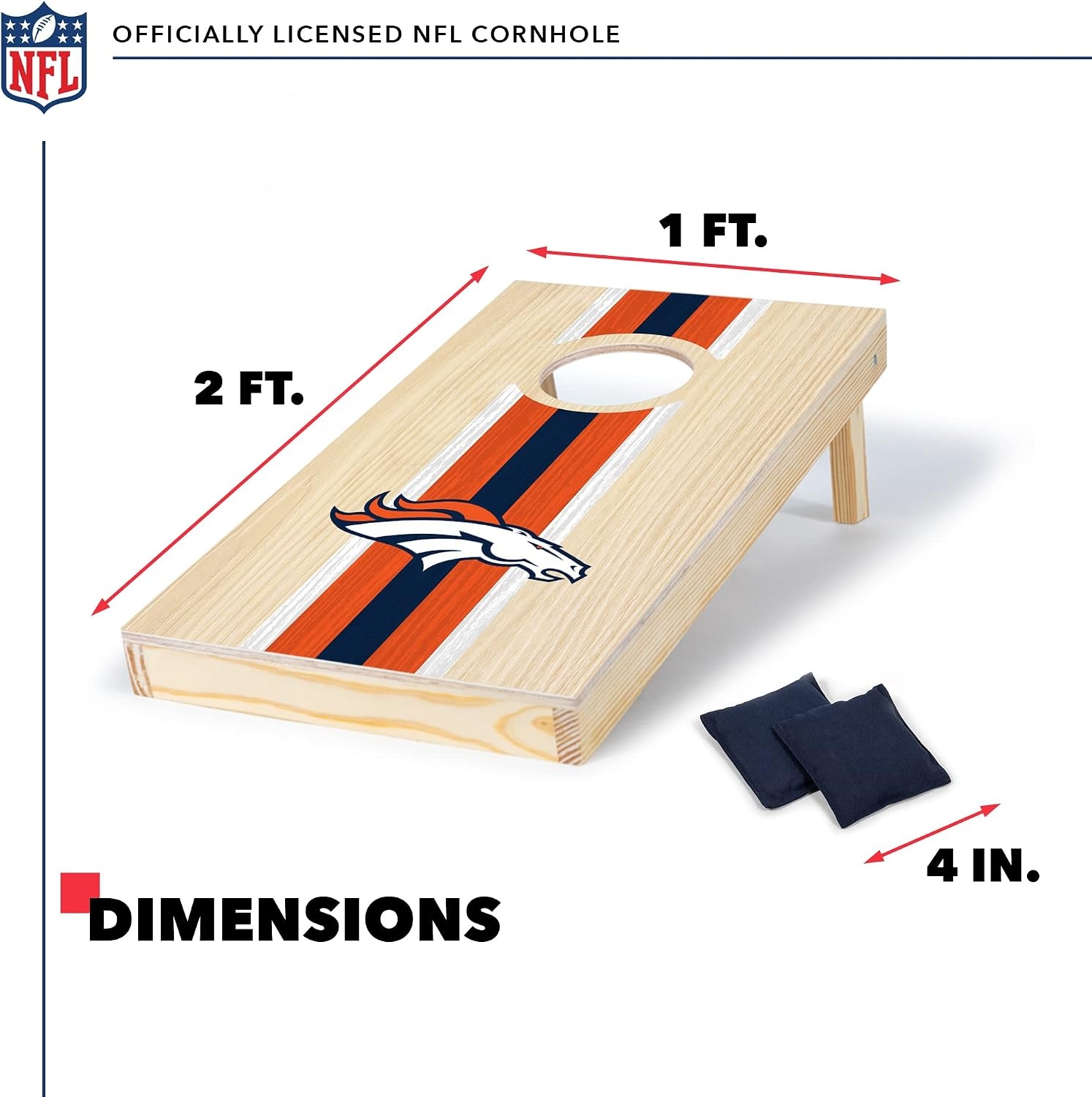 NFL Football Portable Size 1′ x 2′ Solid Wood Cornhole Set with Direct Print HD Team Graphics – Travel Size(Denver Broncos)