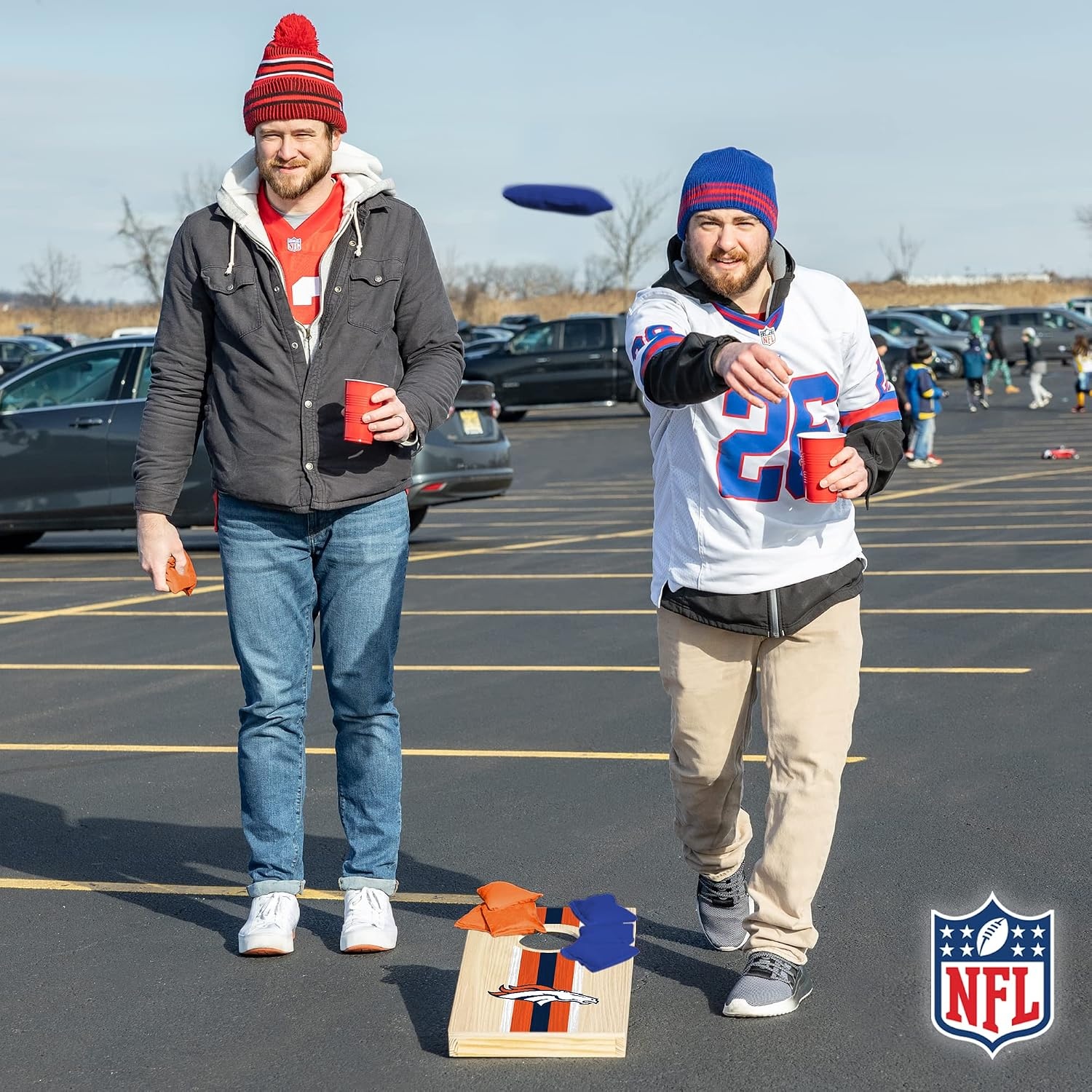 NFL Football Portable Size 1′ x 2′ Solid Wood Cornhole Set with Direct Print HD Team Graphics – Travel Size(Denver Broncos)