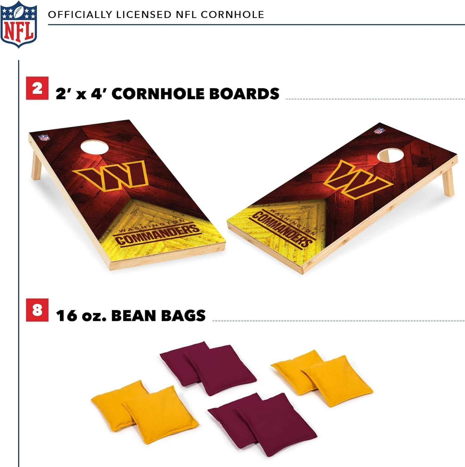 NFL Football 2′ x 4′ Regulation Size Solid Wood Cornhole Set with Direct Print HD Team Graphics Great Gift for Any Football Fan  Bean Bag Toss Family Outdoor Game(Washington Commanders)