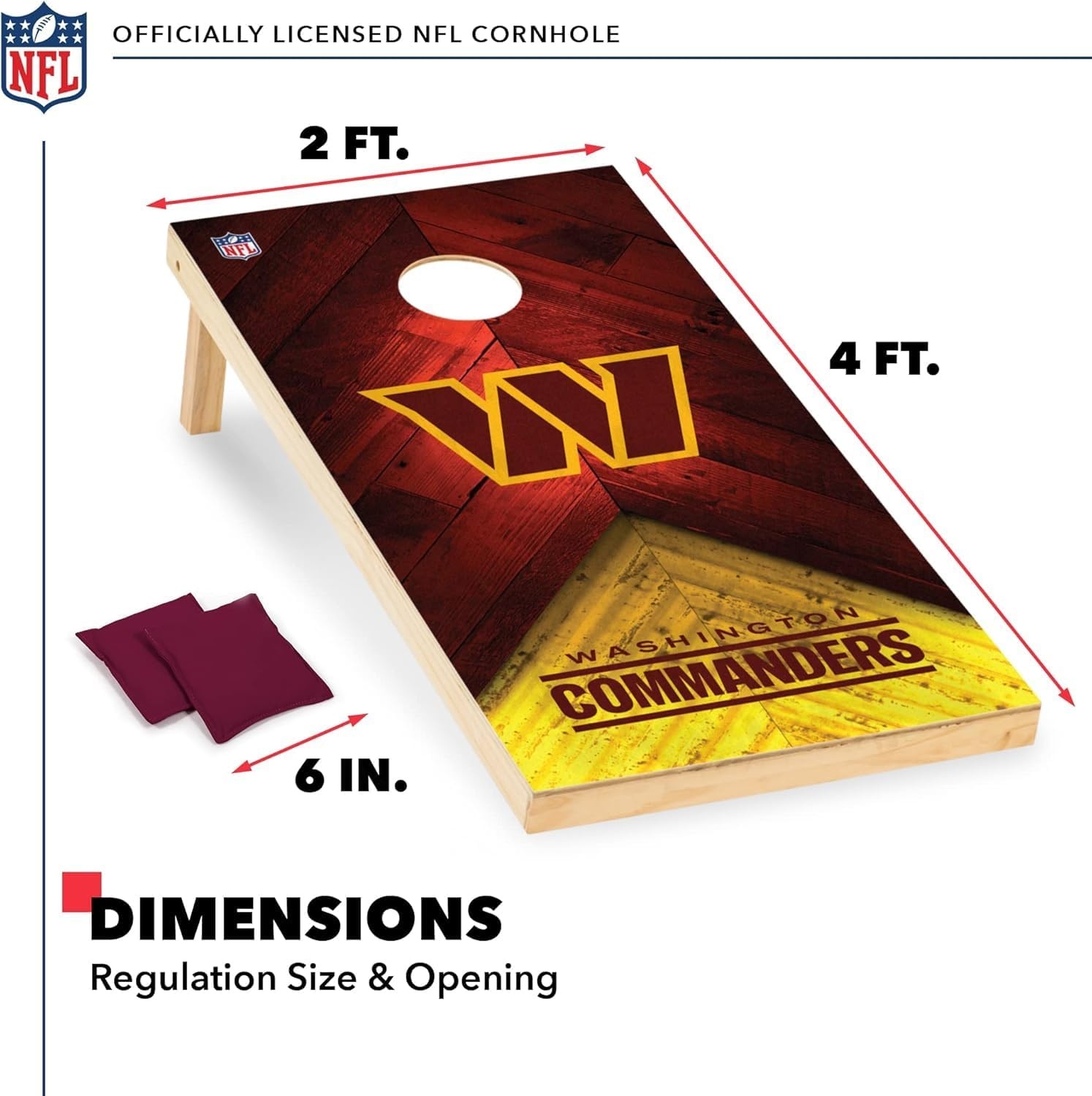 NFL Football 2′ x 4′ Regulation Size Solid Wood Cornhole Set with Direct Print HD Team Graphics Great Gift for Any Football Fan  Bean Bag Toss Family Outdoor Game(Washington Commanders)