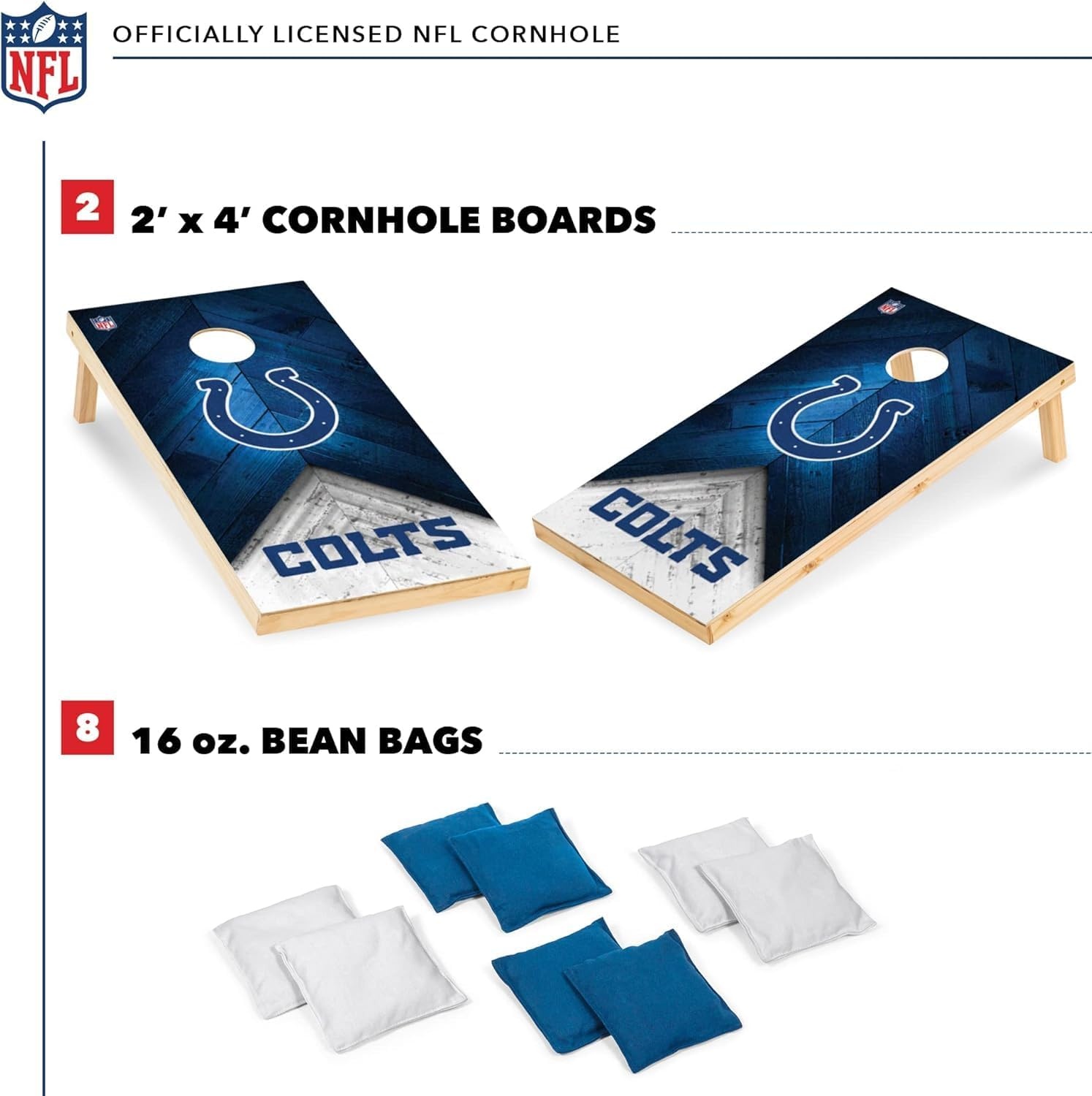 NFL Football 2′ x 4′ Regulation Size Solid Wood Cornhole Set with Direct Print HD Team Graphics Great Gift for Any Football Fan  Bean Bag Toss Family Outdoor Game(Indianapolis Colts)