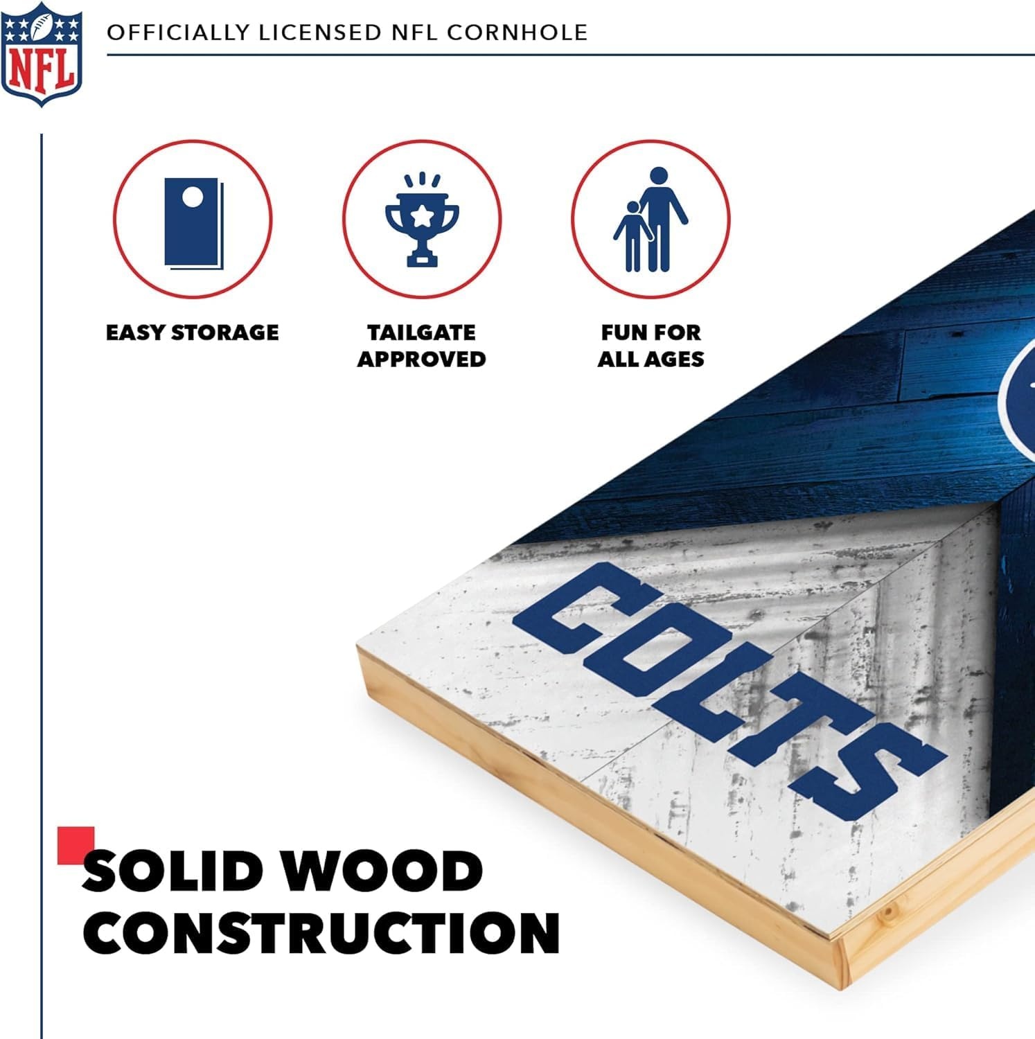 NFL Football 2′ x 4′ Regulation Size Solid Wood Cornhole Set with Direct Print HD Team Graphics Great Gift for Any Football Fan  Bean Bag Toss Family Outdoor Game(Indianapolis Colts)