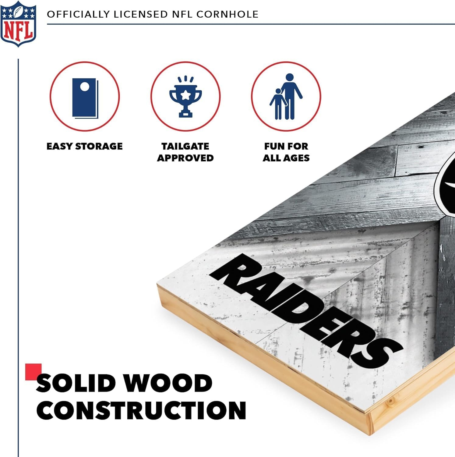 NFL Football 2′ x 4′ Regulation Size Solid Wood Cornhole Set with Direct Print HD Team Graphics Great Gift for Any Football Fan  Bean Bag Toss Family Outdoor Game(Las Vegas Raiders)