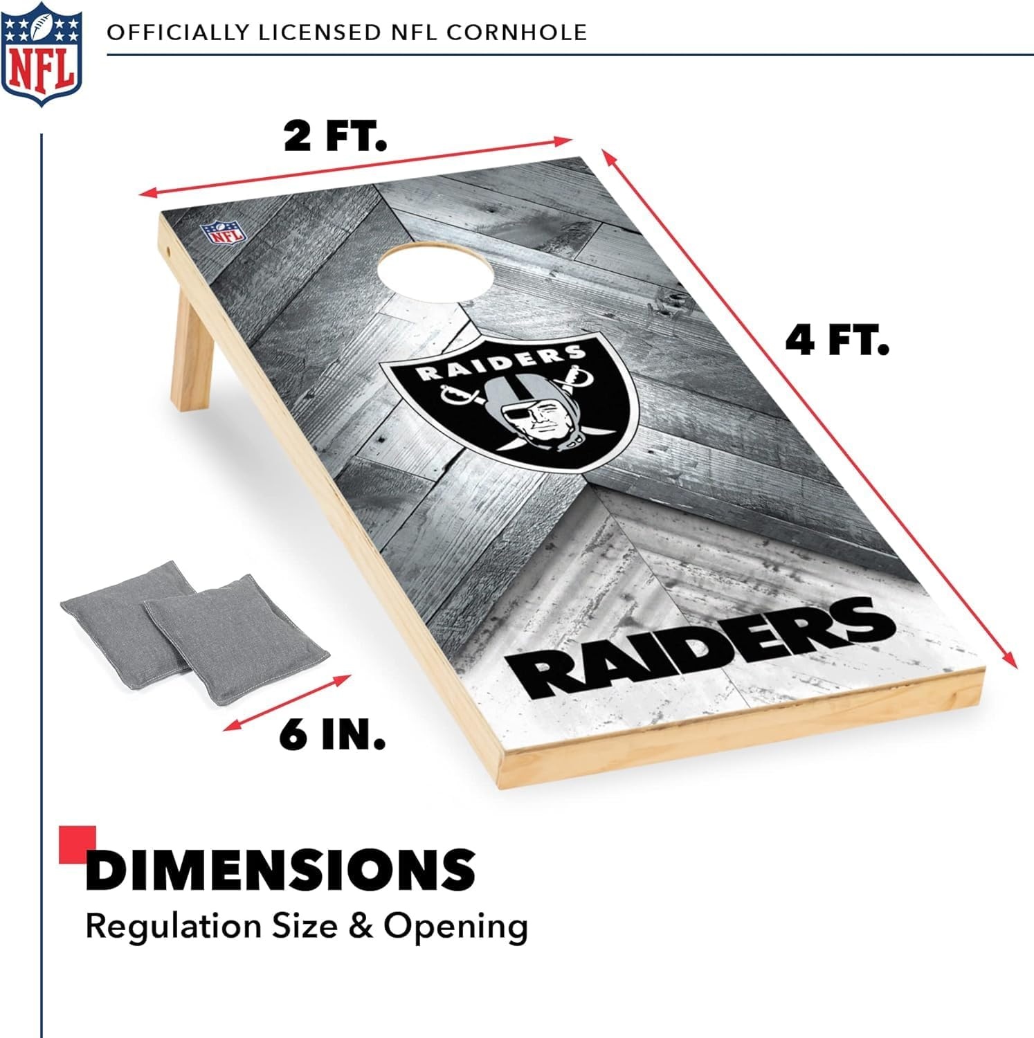 NFL Football 2′ x 4′ Regulation Size Solid Wood Cornhole Set with Direct Print HD Team Graphics Great Gift for Any Football Fan  Bean Bag Toss Family Outdoor Game(Las Vegas Raiders)
