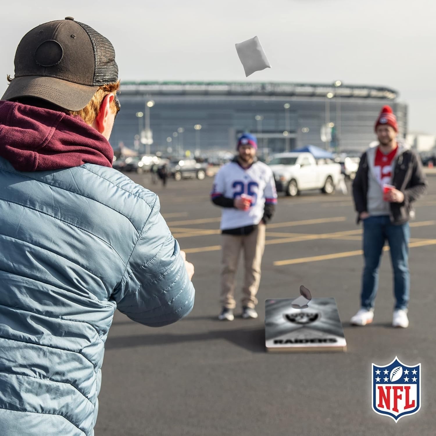 NFL Football 2′ x 4′ Regulation Size Solid Wood Cornhole Set with Direct Print HD Team Graphics Great Gift for Any Football Fan  Bean Bag Toss Family Outdoor Game(Las Vegas Raiders)