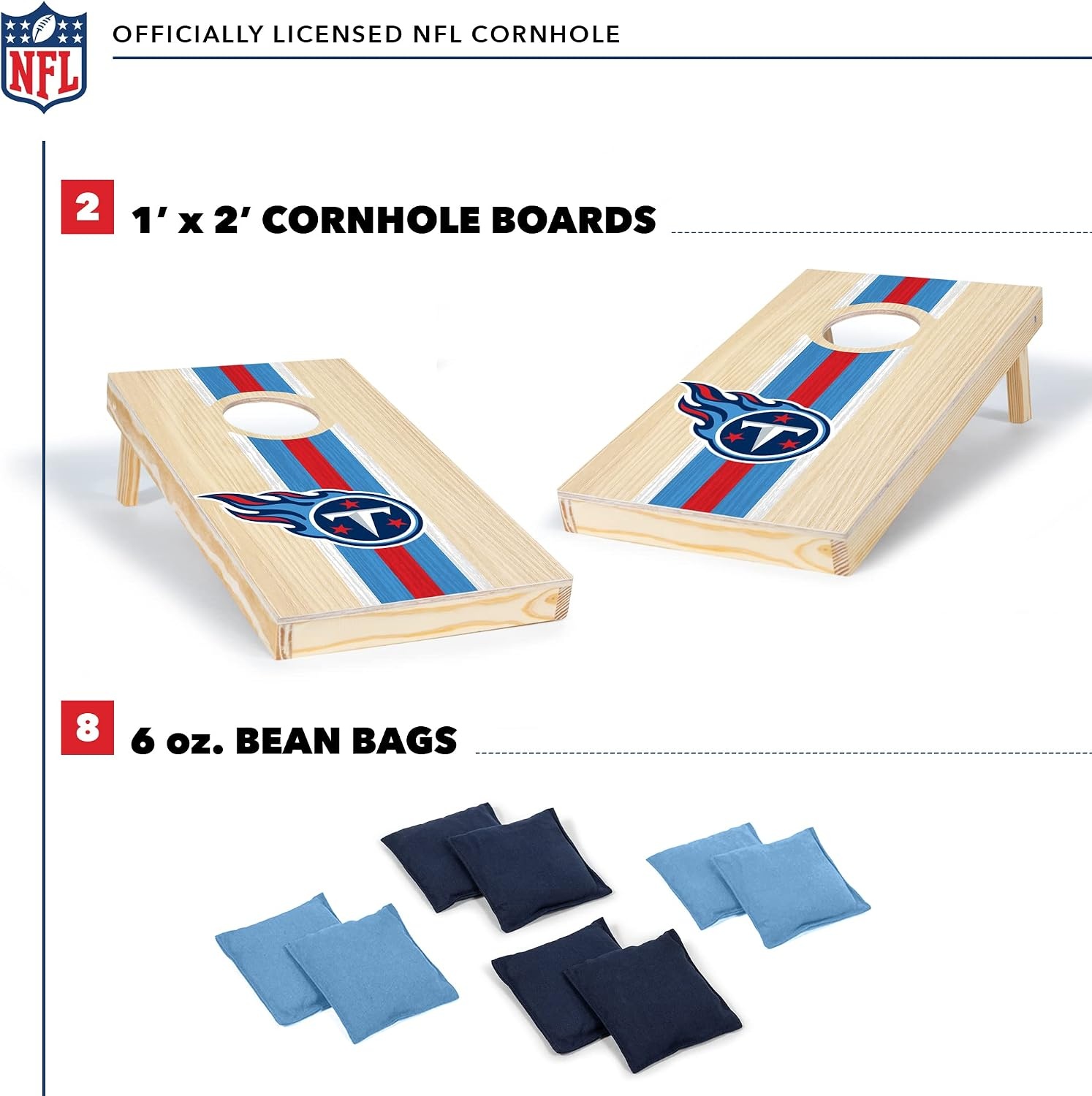 NFL Football Portable Size 1′ x 2′ Solid Wood Cornhole Set with Direct Print HD Team Graphics – Travel Size(Tennessee Titans)